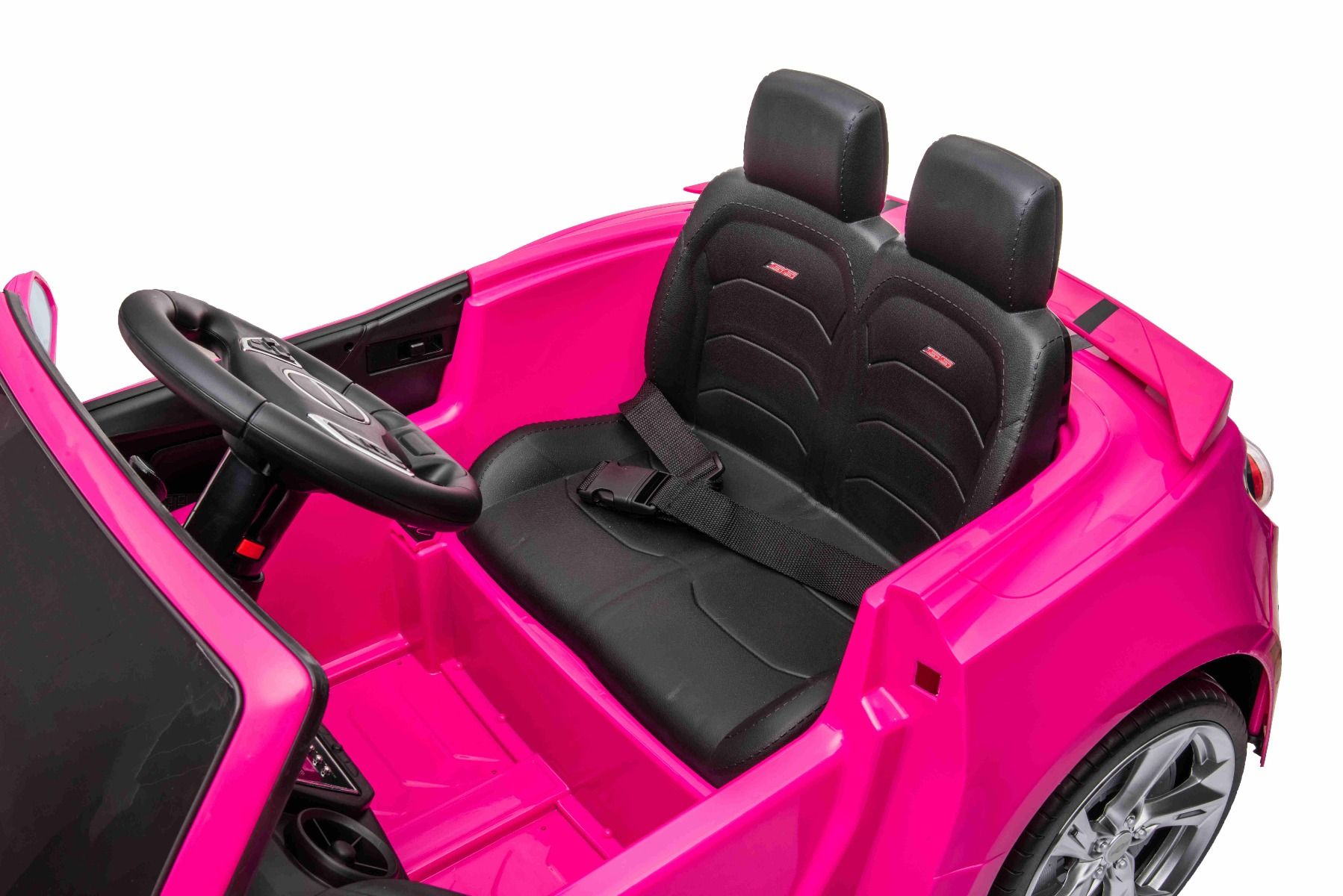 Kinder-Elektroauto Chevrolet Camaro, rosa, Originallizenz, 12V Batterie, öffnende Türen, Sitzfläche aus Kunstleder, 2x 35W Motor, LED-Leuchten, 2,4-GHz Fernbedienung, Weiche EVA-Räder, Sanftanlauf