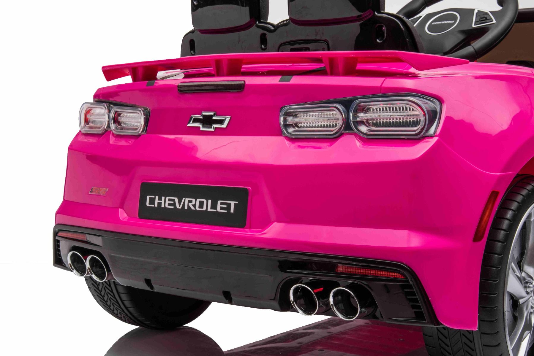 Kinder-Elektroauto Chevrolet Camaro, rosa, Originallizenz, 12V Batterie, öffnende Türen, Sitzfläche aus Kunstleder, 2x 35W Motor, LED-Leuchten, 2,4-GHz Fernbedienung, Weiche EVA-Räder, Sanftanlauf