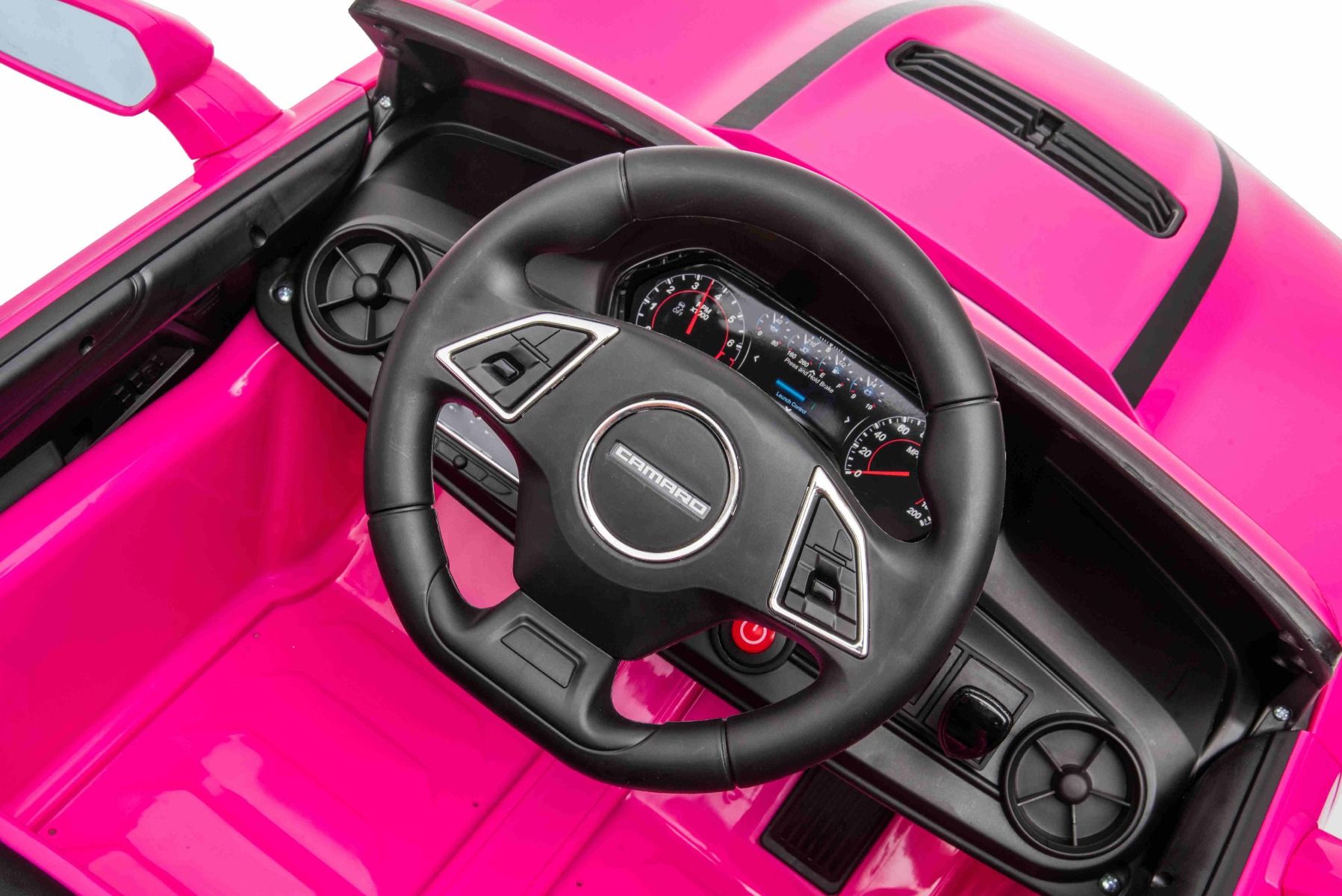 Kinder-Elektroauto Chevrolet Camaro, rosa, Originallizenz, 12V Batterie, öffnende Türen, Sitzfläche aus Kunstleder, 2x 35W Motor, LED-Leuchten, 2,4-GHz Fernbedienung, Weiche EVA-Räder, Sanftanlauf