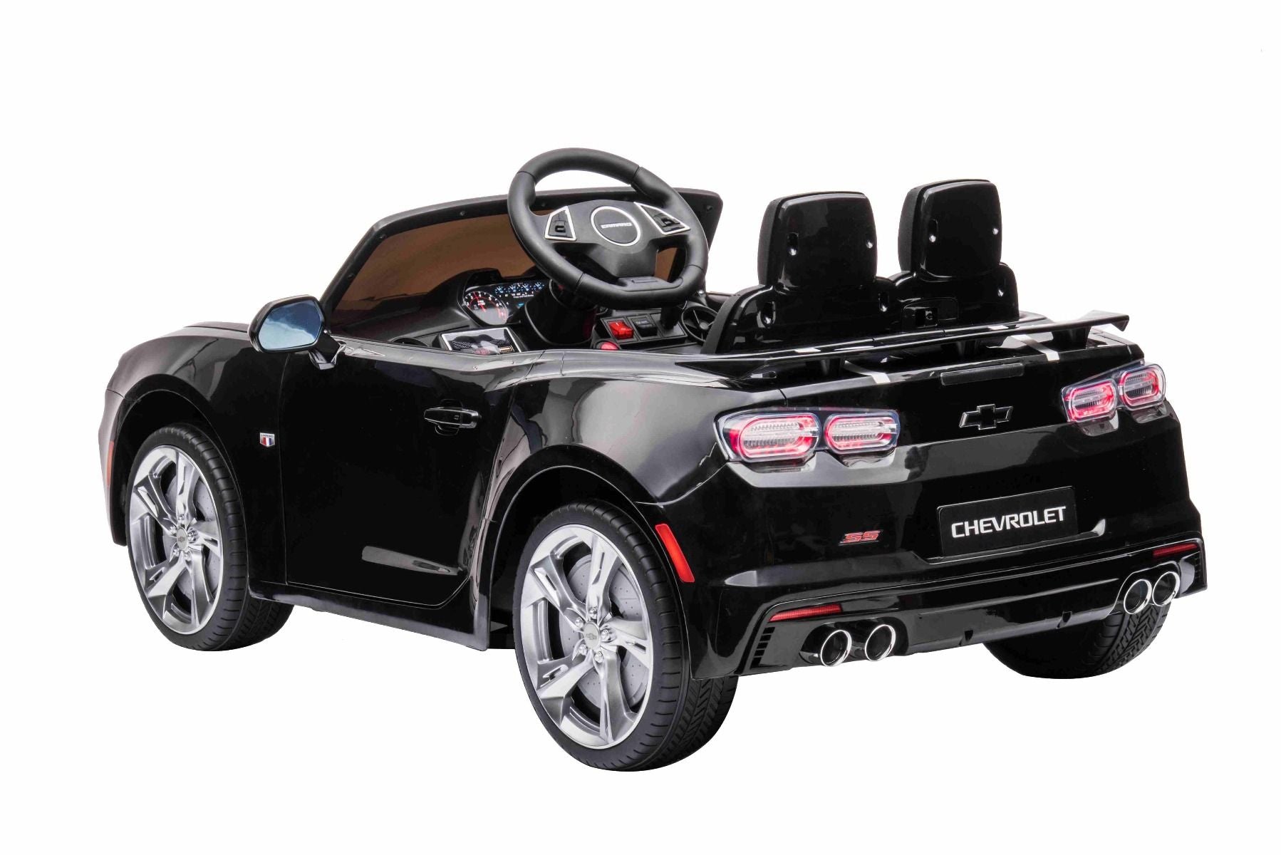 Kinder-Elektroauto Chevrolet Camaro, schwarz, Originallizenz, 12V Batterie, öffnende Türen, Sitzfläche aus Kunstleder, 2x 35W Motor, LED-Leuchten, 2,4-GHz Fernbedienung, Weiche EVA-Räder, Sanftanlauf
