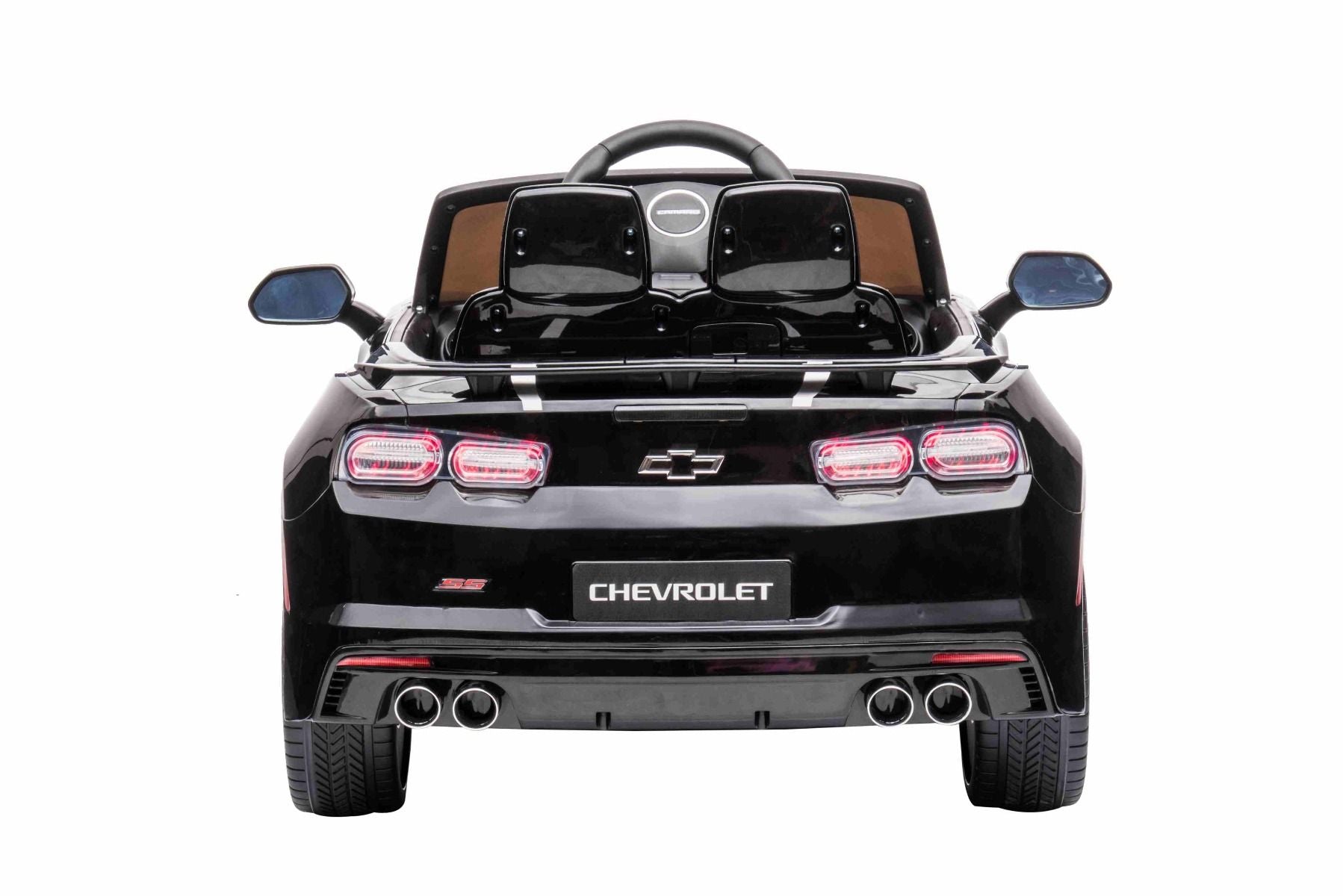 Kinder-Elektroauto Chevrolet Camaro, schwarz, Originallizenz, 12V Batterie, öffnende Türen, Sitzfläche aus Kunstleder, 2x 35W Motor, LED-Leuchten, 2,4-GHz Fernbedienung, Weiche EVA-Räder, Sanftanlauf