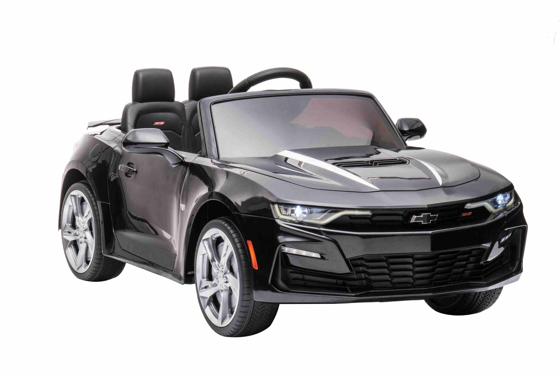 Kinder-Elektroauto Chevrolet Camaro, schwarz, Originallizenz, 12V Batterie, öffnende Türen, Sitzfläche aus Kunstleder, 2x 35W Motor, LED-Leuchten, 2,4-GHz Fernbedienung, Weiche EVA-Räder, Sanftanlauf