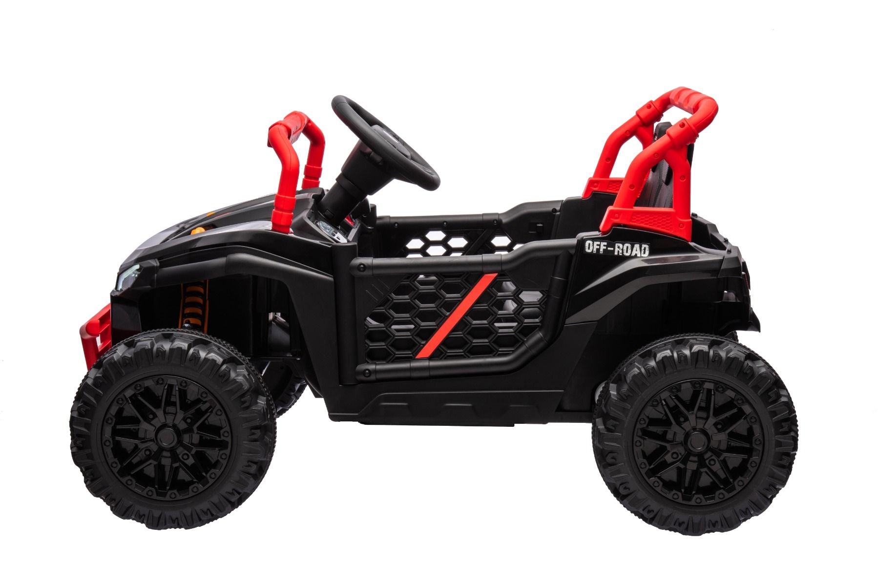 Elektrisches Aufsitzauto UTV Small 12V, schwarz, Hinterradantrieb, 12V Batterie, Kunststoffräder, Breiter Doppelsitz für nur ein Kind, 2,4 GHz Fernbedienung, MP3-Player mit USB/SD-Eingang, LED-Leuchten