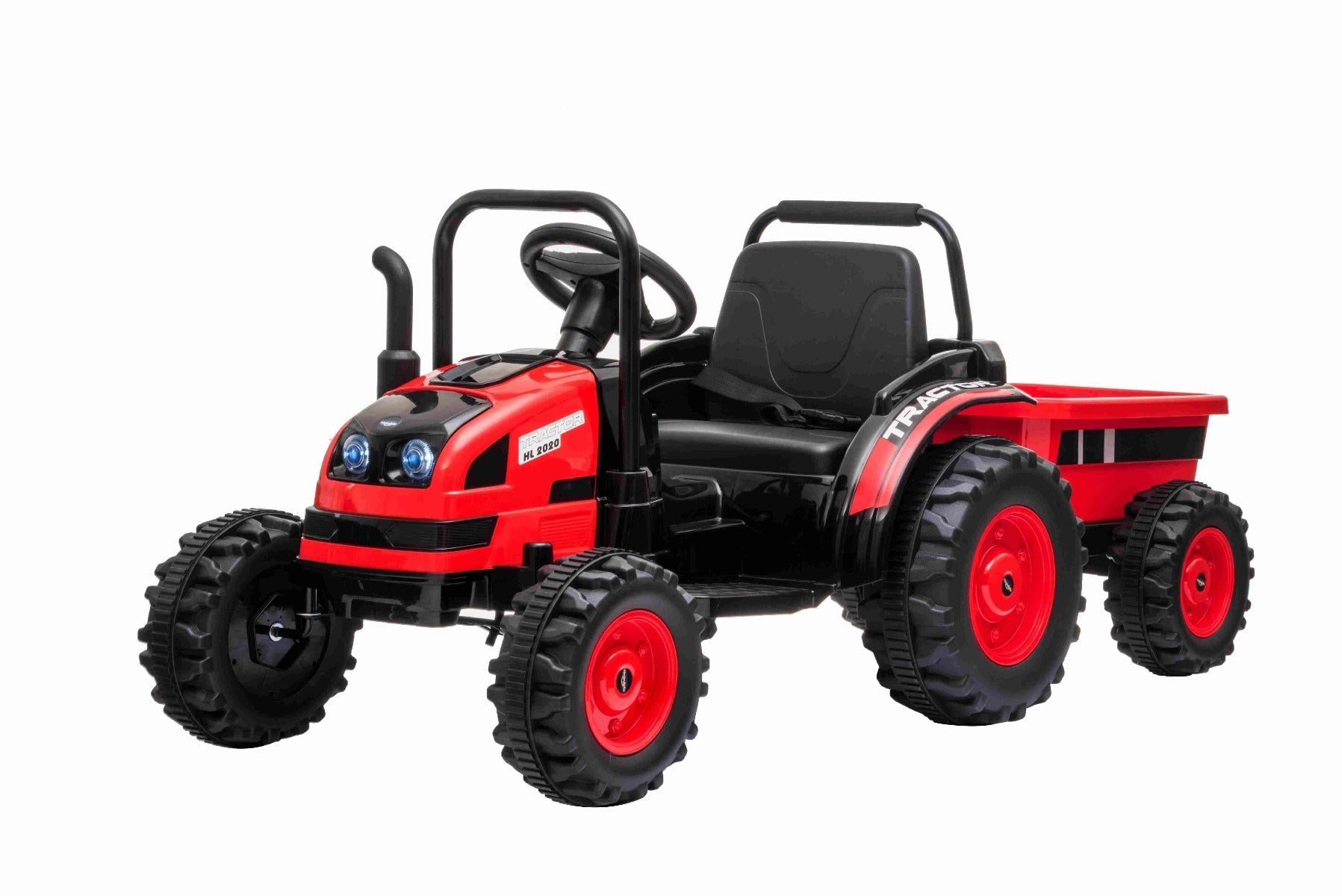 Elektrischer Traktor POWER mit Anhänger, Rot, Hinterradantrieb, 12-V-Batterie, Kunststoffräder, breiter Sitz, 2,4-GHz-Fernbedienung, MP3-Player mit USB, LED-Leuchten