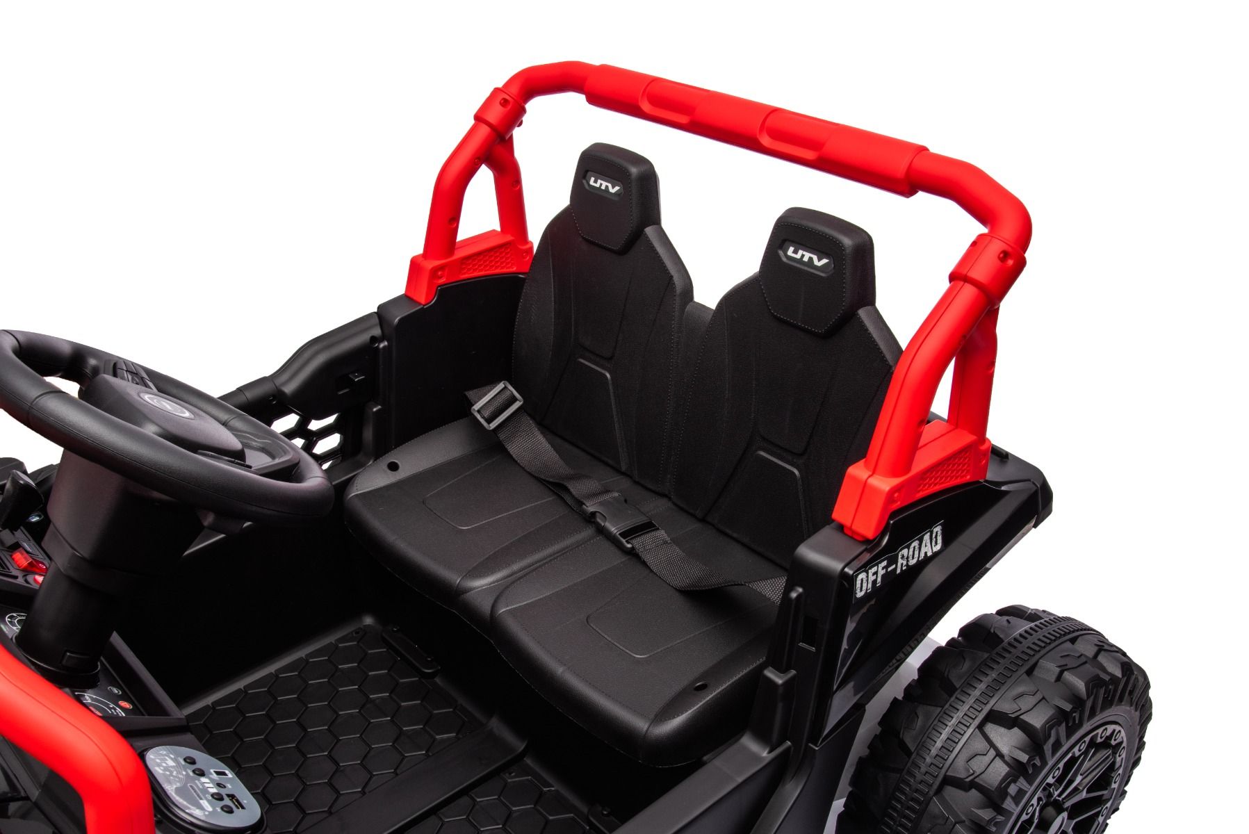 Elektrisches Aufsitzauto UTV Small 12V, schwarz, Hinterradantrieb, 12V Batterie, Kunststoffräder, Breiter Doppelsitz für nur ein Kind, 2,4 GHz Fernbedienung, MP3-Player mit USB/SD-Eingang, LED-Leuchten