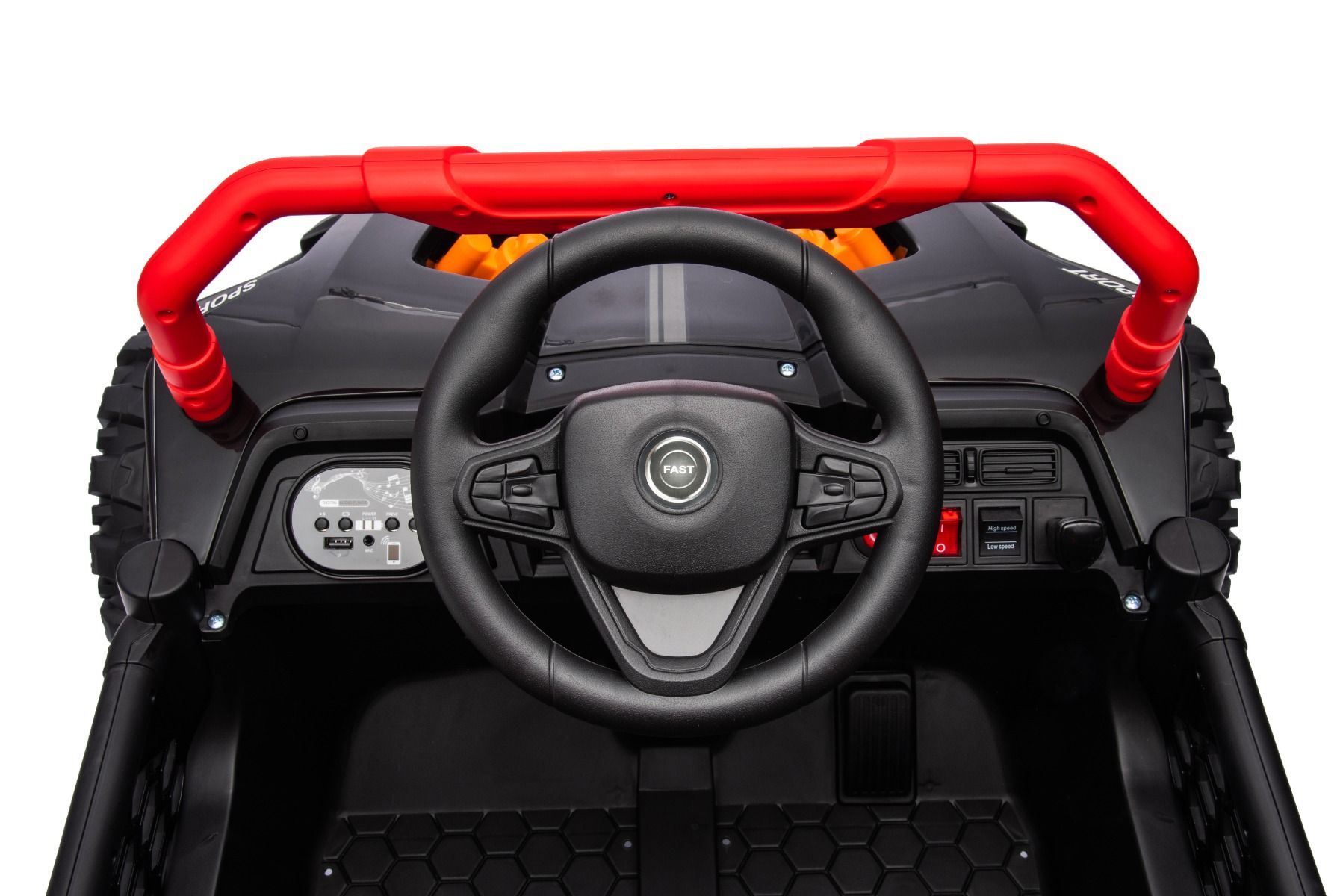 Elektrisches Aufsitzauto UTV Small 12V, schwarz, Hinterradantrieb, 12V Batterie, Kunststoffräder, Breiter Doppelsitz für nur ein Kind, 2,4 GHz Fernbedienung, MP3-Player mit USB/SD-Eingang, LED-Leuchten