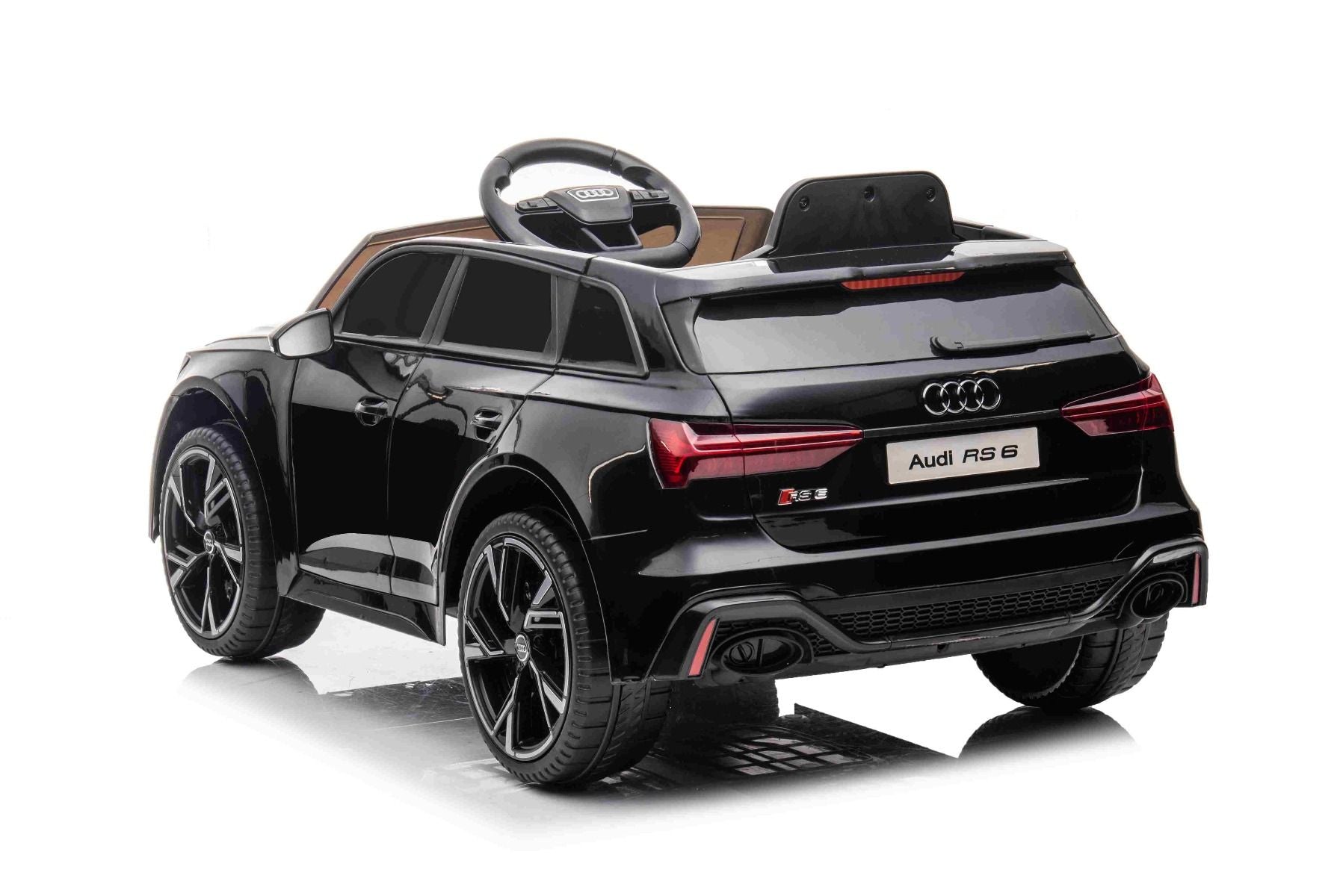 Elektrisches Kinderauto Audi RS6, Schwarz, Ledersitz, Türen zum Öffnen, 2x 25-W-Motor, 12-V-Batterie, 2,4-GHz-Fernbedienung, weiche EVA-Räder, LED-Leuchten, Sanftanlauf, Stoßdämpfer, ORIGINAL-Lizenz