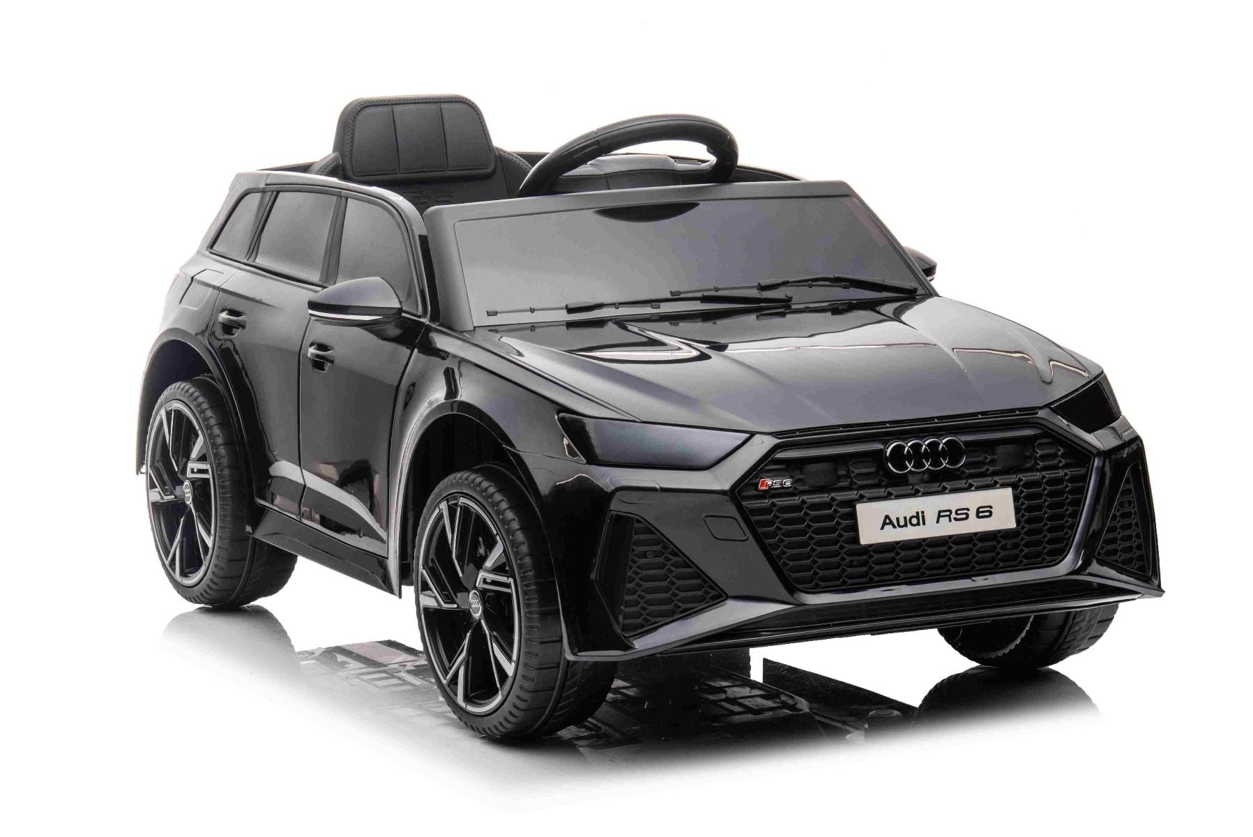 Elektrisches Kinderauto Audi RS6, Schwarz, Ledersitz, Türen zum Öffnen, 2x 25-W-Motor, 12-V-Batterie, 2,4-GHz-Fernbedienung, weiche EVA-Räder, LED-Leuchten, Sanftanlauf, Stoßdämpfer, ORIGINAL-Lizenz