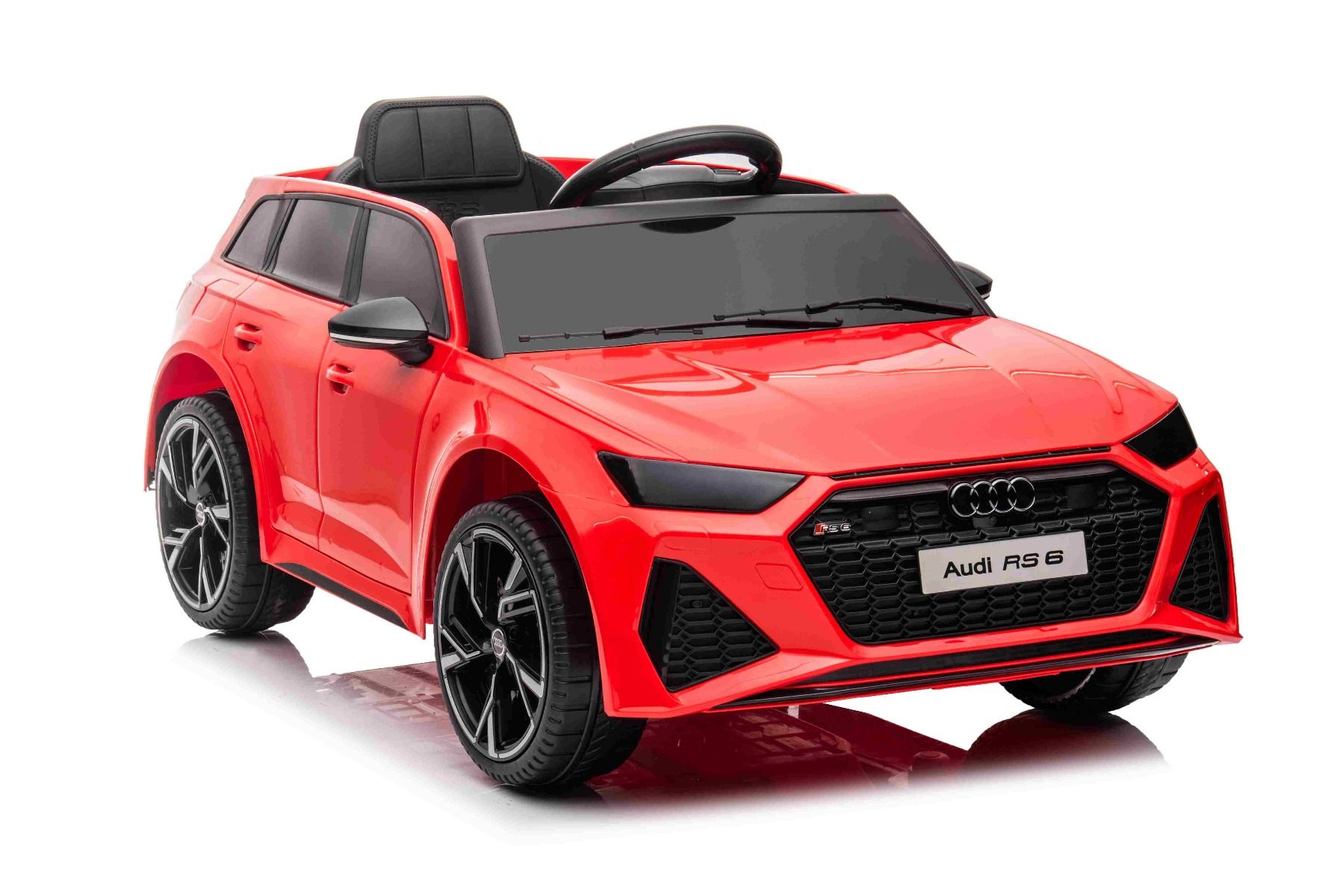 Elektrisches Kinderauto Audi RS6, Rot, Ledersitz, Türen zum Öffnen, 2x 25-W-Motor, 12-V-Batterie, 2,4-GHz-Fernbedienung, weiche EVA-Räder, LED-Leuchten, Sanftanlauf, Stoßdämpfer, ORIGINAL-Lizenz