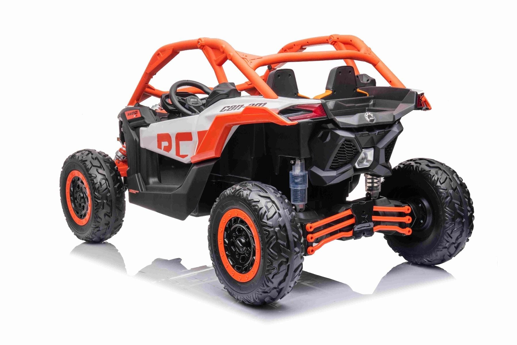 Kinder Elektroauto Can-am Maverick, orange, Zweisitzer, Vorder- und Hinterradfederung, 2,4-GHz-Fernbedienung, tragbarer Akku, 4 x 35-W-Motoren, EVA-Räder, verstellbarer Fahrersitz, MP3-Player mit USB/SD-Eingang, lizenziert