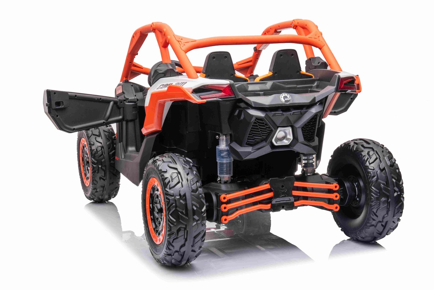 Kinder Elektroauto Can-am Maverick, orange, Zweisitzer, Vorder- und Hinterradfederung, 2,4-GHz-Fernbedienung, tragbarer Akku, 4 x 35-W-Motoren, EVA-Räder, verstellbarer Fahrersitz, MP3-Player mit USB/SD-Eingang, lizenziert
