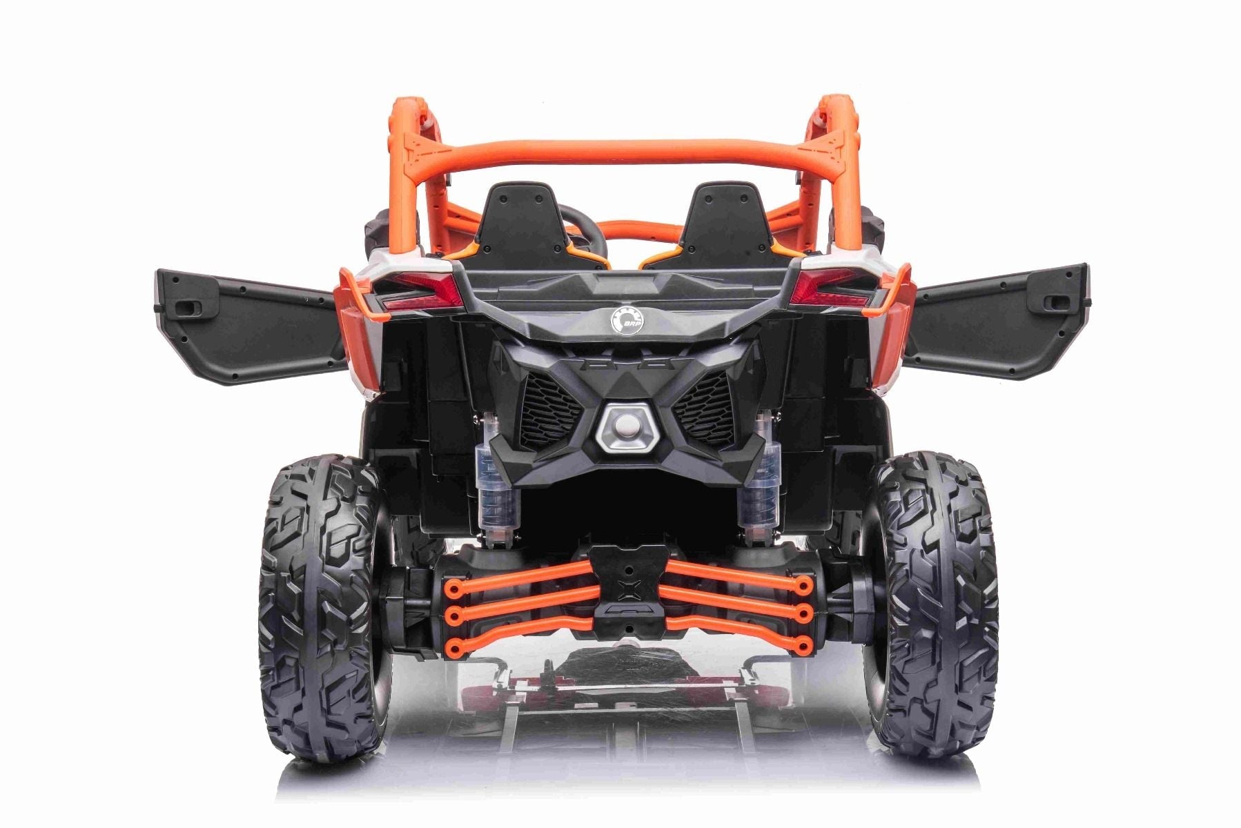 Kinder Elektroauto Can-am Maverick, orange, Zweisitzer, Vorder- und Hinterradfederung, 2,4-GHz-Fernbedienung, tragbarer Akku, 4 x 35-W-Motoren, EVA-Räder, verstellbarer Fahrersitz, MP3-Player mit USB/SD-Eingang, lizenziert