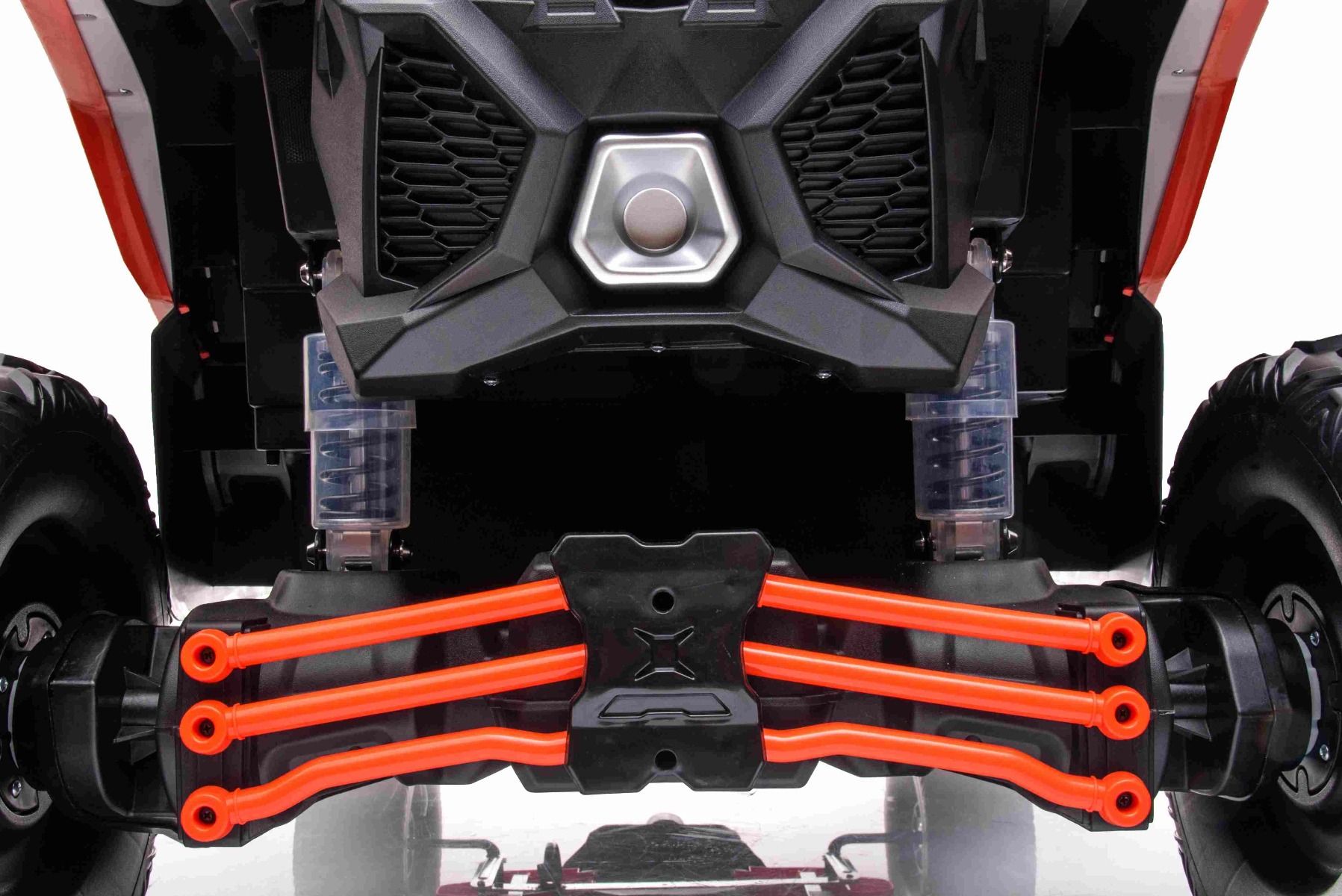 Kinder Elektroauto Can-am Maverick, orange, Zweisitzer, Vorder- und Hinterradfederung, 2,4-GHz-Fernbedienung, tragbarer Akku, 4 x 35-W-Motoren, EVA-Räder, verstellbarer Fahrersitz, MP3-Player mit USB/SD-Eingang, lizenziert