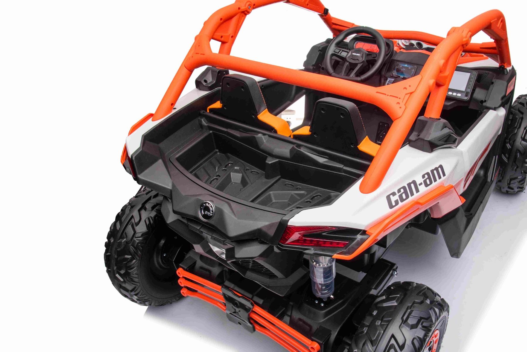 Kinder Elektroauto Can-am Maverick, orange, Zweisitzer, Vorder- und Hinterradfederung, 2,4-GHz-Fernbedienung, tragbarer Akku, 4 x 35-W-Motoren, EVA-Räder, verstellbarer Fahrersitz, MP3-Player mit USB/SD-Eingang, lizenziert