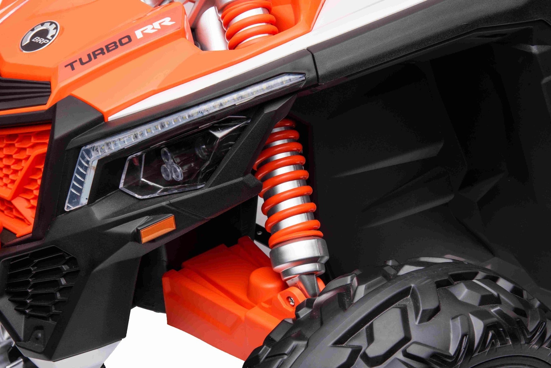 Kinder Elektroauto Can-am Maverick, orange, Zweisitzer, Vorder- und Hinterradfederung, 2,4-GHz-Fernbedienung, tragbarer Akku, 4 x 35-W-Motoren, EVA-Räder, verstellbarer Fahrersitz, MP3-Player mit USB/SD-Eingang, lizenziert