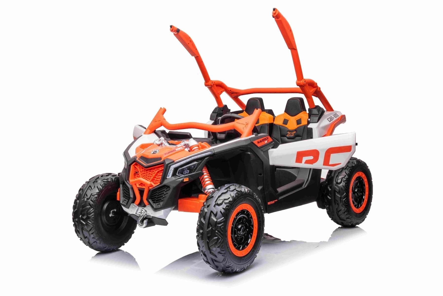 Kinder Elektroauto Can-am Maverick, orange, Zweisitzer, Vorder- und Hinterradfederung, 2,4-GHz-Fernbedienung, tragbarer Akku, 4 x 35-W-Motoren, EVA-Räder, verstellbarer Fahrersitz, MP3-Player mit USB/SD-Eingang, lizenziert