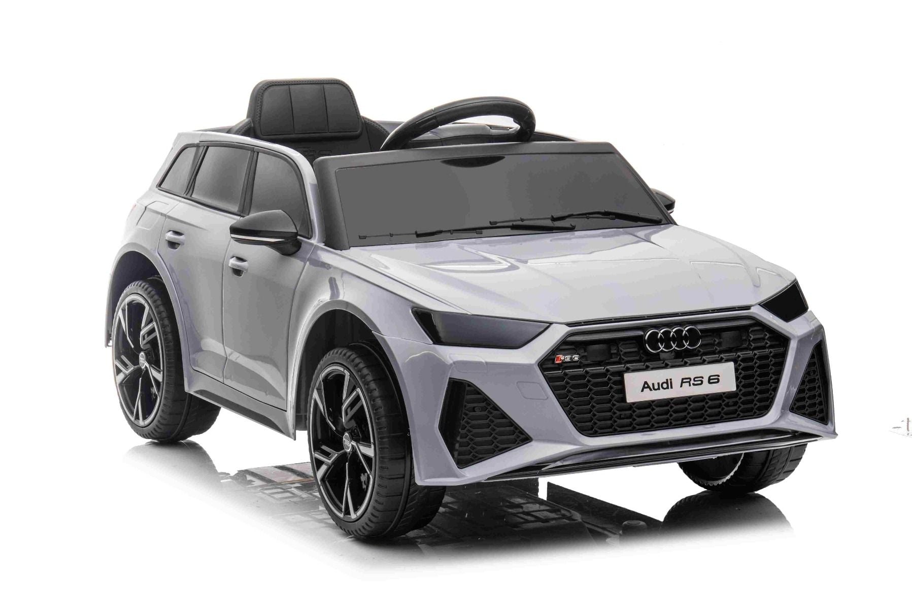 Elektrisches Kinderauto Audi RS6, Grau, Ledersitz, Türen zum Öffnen, 2x 25-W-Motor, 12-V-Batterie, 2,4-GHz-Fernbedienung, weiche EVA-Räder, LED-Leuchten, Sanftanlauf, Stoßdämpfer, ORIGINAL-Lizenz