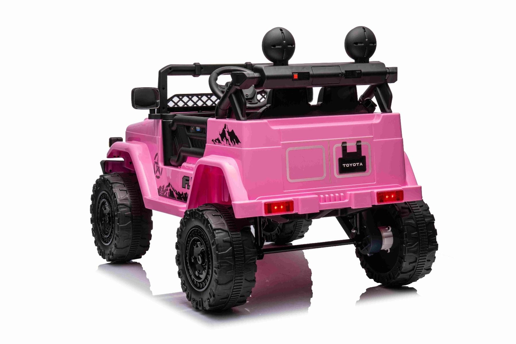 Elektrisches Aufsitzauto TOYOTA FJ CRUISER mit Hinterradantrieb, Rosa, 12-V-Batterie, hohes Fahrgestell, breiter Sitz, Hinterachsfederung, LED-Leuchten, 2,4-GHz-Fernbedienung, MP3-Player mit USB/AUX-Eingang, lizenziert