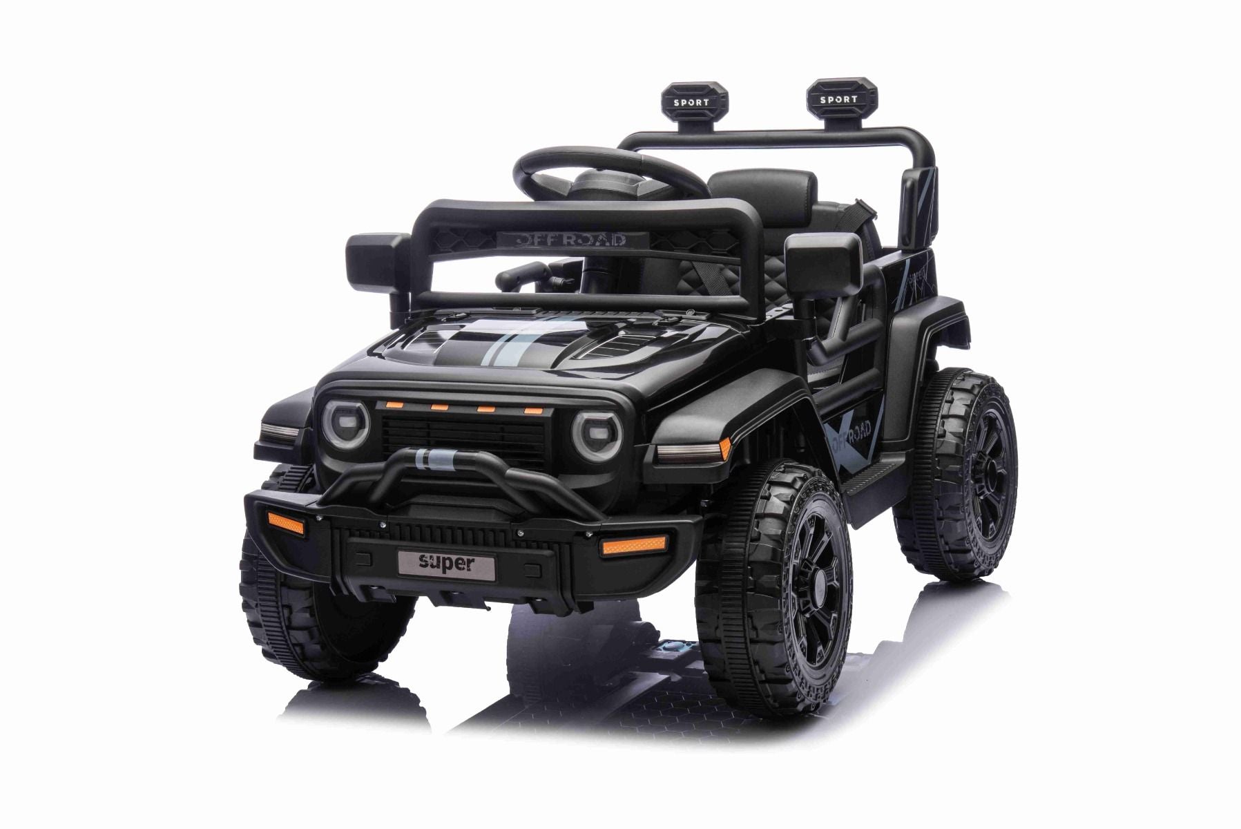 Elektroauto für Kinder OFFROAD NEW mit Hinterradantrieb, schwarz, Lithium-Batterie, hohes Fahrgestell, breiter Sitz, Hinterradfederung, 2,4-GHz-Fernbedienung, LED-Leuchten
