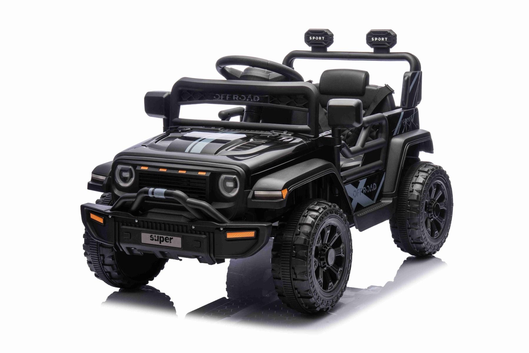 Elektroauto für Kinder OFFROAD NEW mit Hinterradantrieb, schwarz, Lithium-Batterie, hohes Fahrgestell, breiter Sitz, Hinterradfederung, 2,4-GHz-Fernbedienung, LED-Leuchten