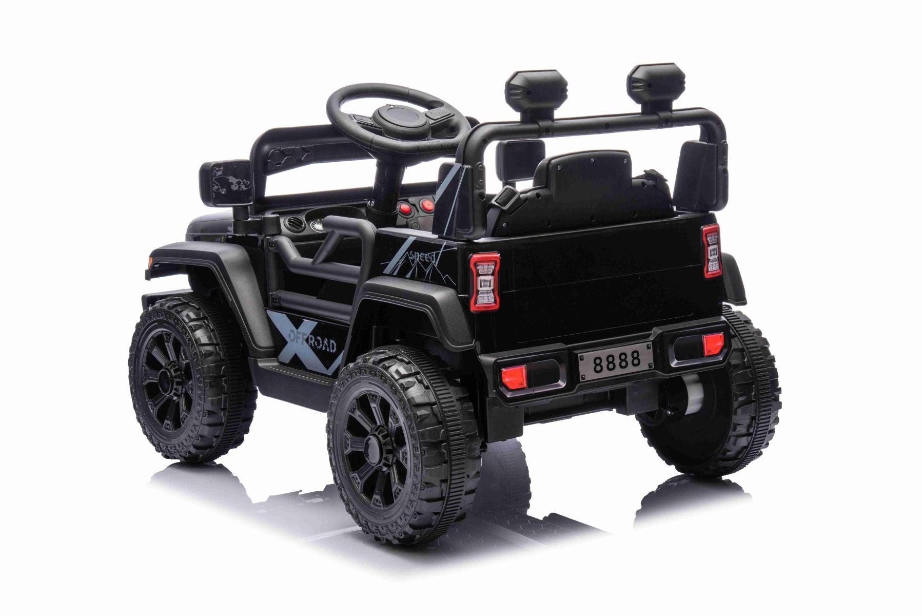 Elektroauto für Kinder OFFROAD NEW mit Hinterradantrieb, schwarz, Lithium-Batterie, hohes Fahrgestell, breiter Sitz, Hinterradfederung, 2,4-GHz-Fernbedienung, LED-Leuchten