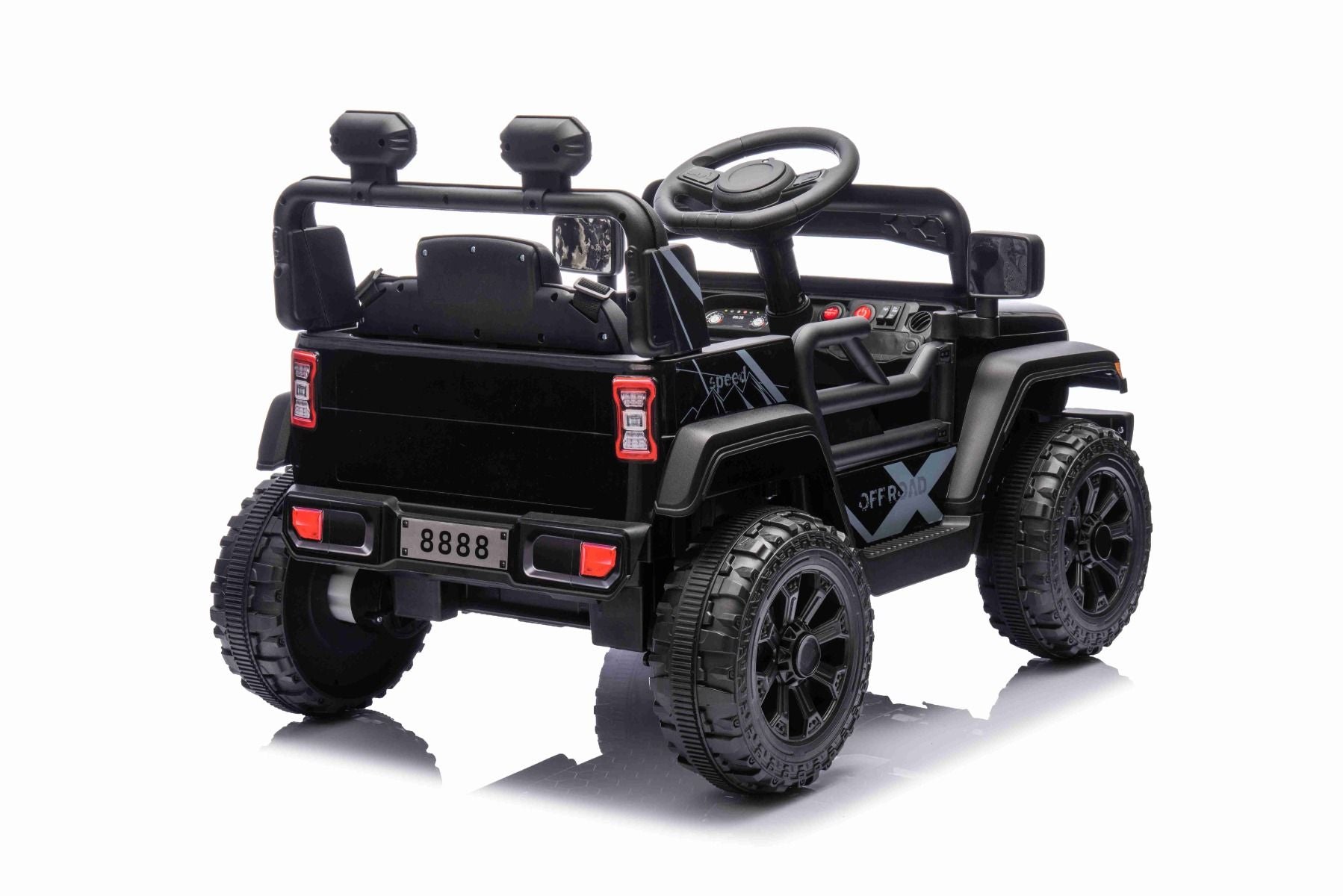 Elektroauto für Kinder OFFROAD NEW mit Hinterradantrieb, schwarz, Lithium-Batterie, hohes Fahrgestell, breiter Sitz, Hinterradfederung, 2,4-GHz-Fernbedienung, LED-Leuchten