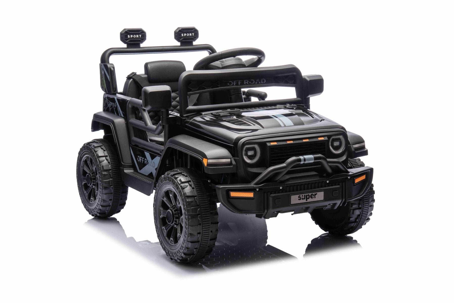 Elektroauto für Kinder OFFROAD NEW mit Hinterradantrieb, schwarz, Lithium-Batterie, hohes Fahrgestell, breiter Sitz, Hinterradfederung, 2,4-GHz-Fernbedienung, LED-Leuchten
