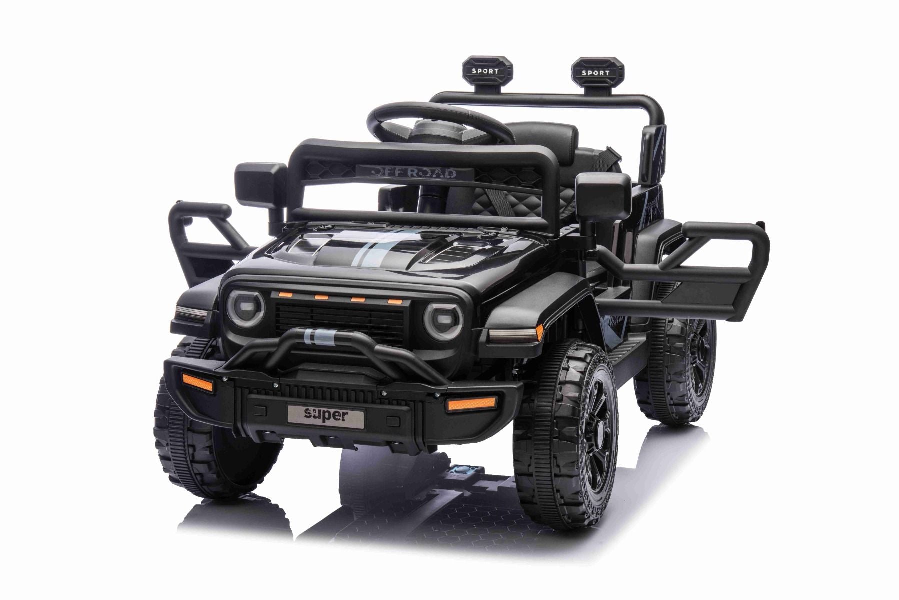 Elektroauto für Kinder OFFROAD NEW mit Hinterradantrieb, schwarz, Lithium-Batterie, hohes Fahrgestell, breiter Sitz, Hinterradfederung, 2,4-GHz-Fernbedienung, LED-Leuchten