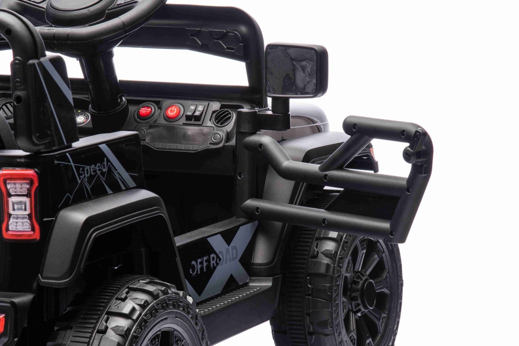 Elektroauto für Kinder OFFROAD NEW mit Hinterradantrieb, weiß, Lithium-Batterie, hohes Fahrgestell, breiter Sitz, Hinterradfederung, 2,4-GHz-Fernbedienung, LED-Leuchten