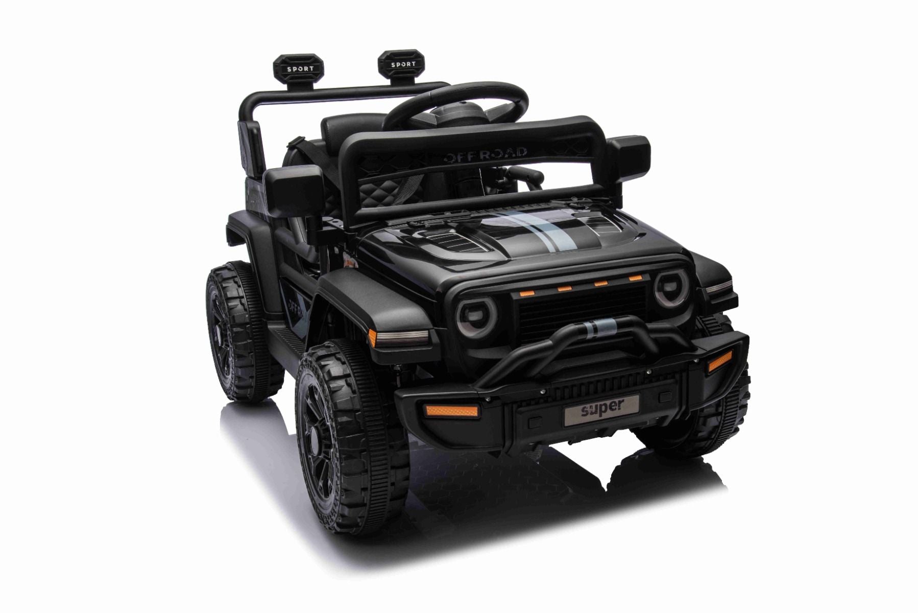 Elektroauto für Kinder OFFROAD NEW mit Hinterradantrieb, schwarz, Lithium-Batterie, hohes Fahrgestell, breiter Sitz, Hinterradfederung, 2,4-GHz-Fernbedienung, LED-Leuchten