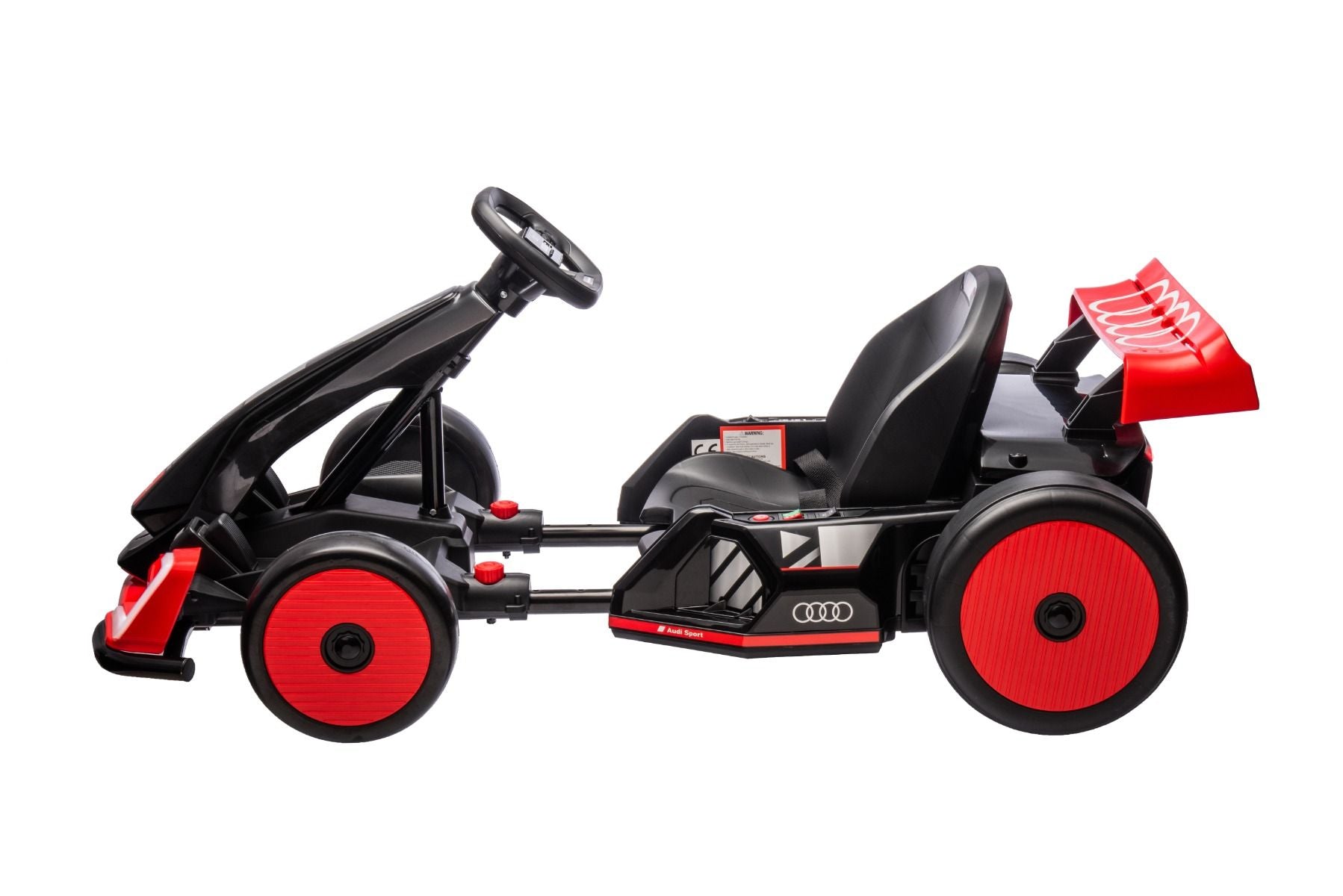 Lizenziertes Aufsitz-Driftkart AUDI 24 V, rot, LED-Beleuchtung, 2 x 150 W Motor, Driftmodus mit einer Geschwindigkeit von 12 km/h, 24 V Batterie, solide Stahlkonstruktion, verstellbarer Sitz, MP3-Player