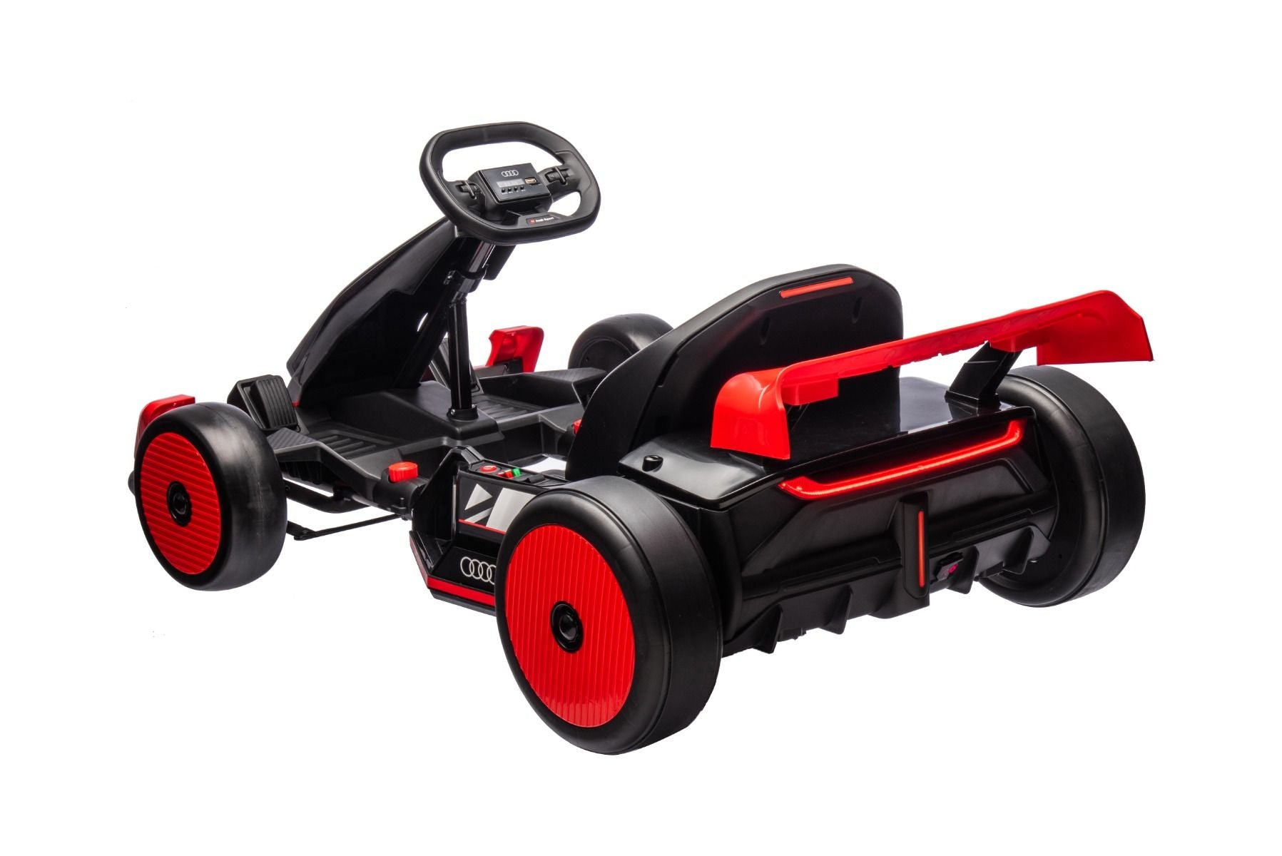 Lizenziertes Aufsitz-Driftkart AUDI 24 V, rot, LED-Beleuchtung, 2 x 150 W Motor, Driftmodus mit einer Geschwindigkeit von 12 km/h, 24 V Batterie, solide Stahlkonstruktion, verstellbarer Sitz, MP3-Player