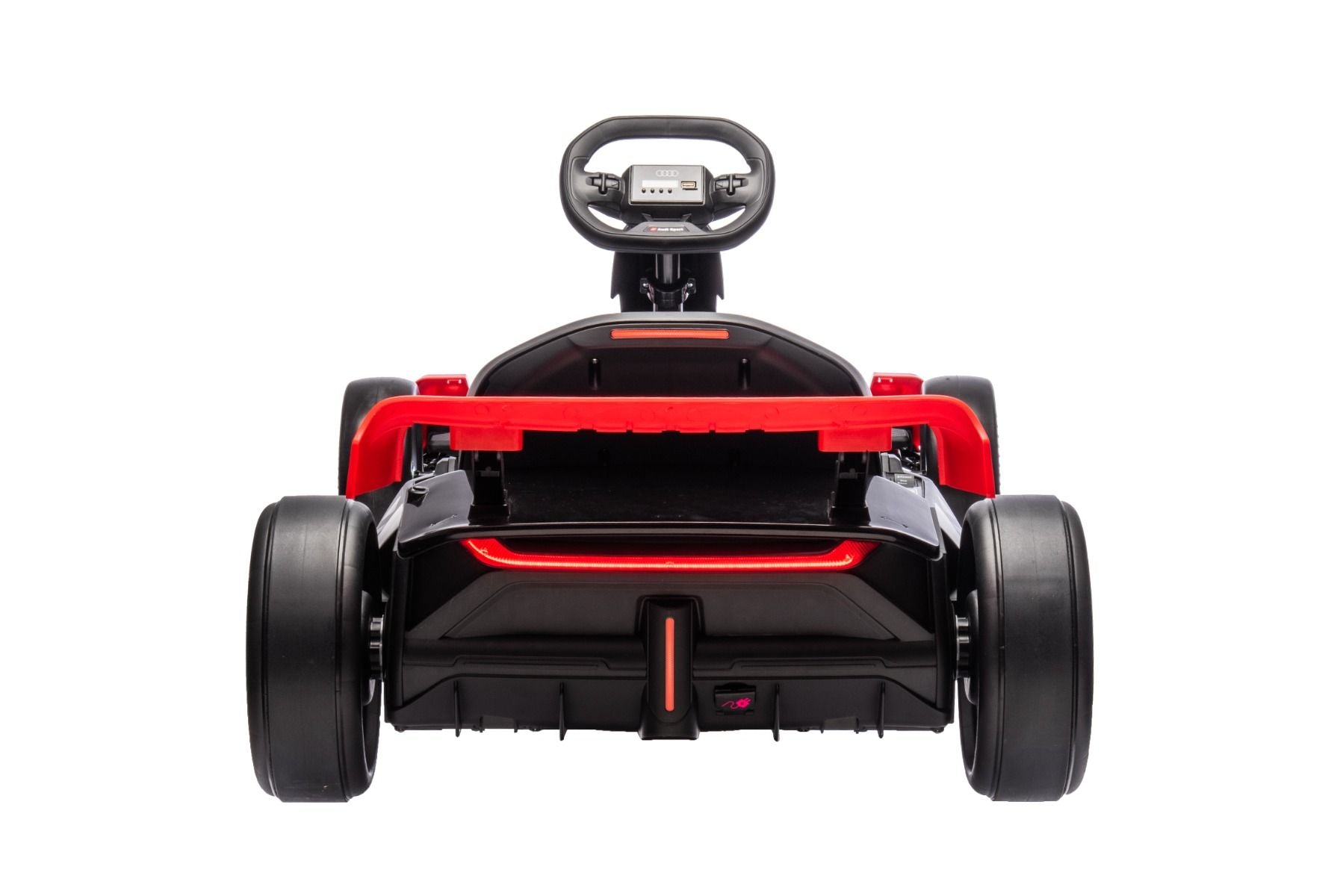 Lizenziertes Aufsitz-Driftkart AUDI 24 V, rot, LED-Beleuchtung, 2 x 150 W Motor, Driftmodus mit einer Geschwindigkeit von 12 km/h, 24 V Batterie, solide Stahlkonstruktion, verstellbarer Sitz, MP3-Player