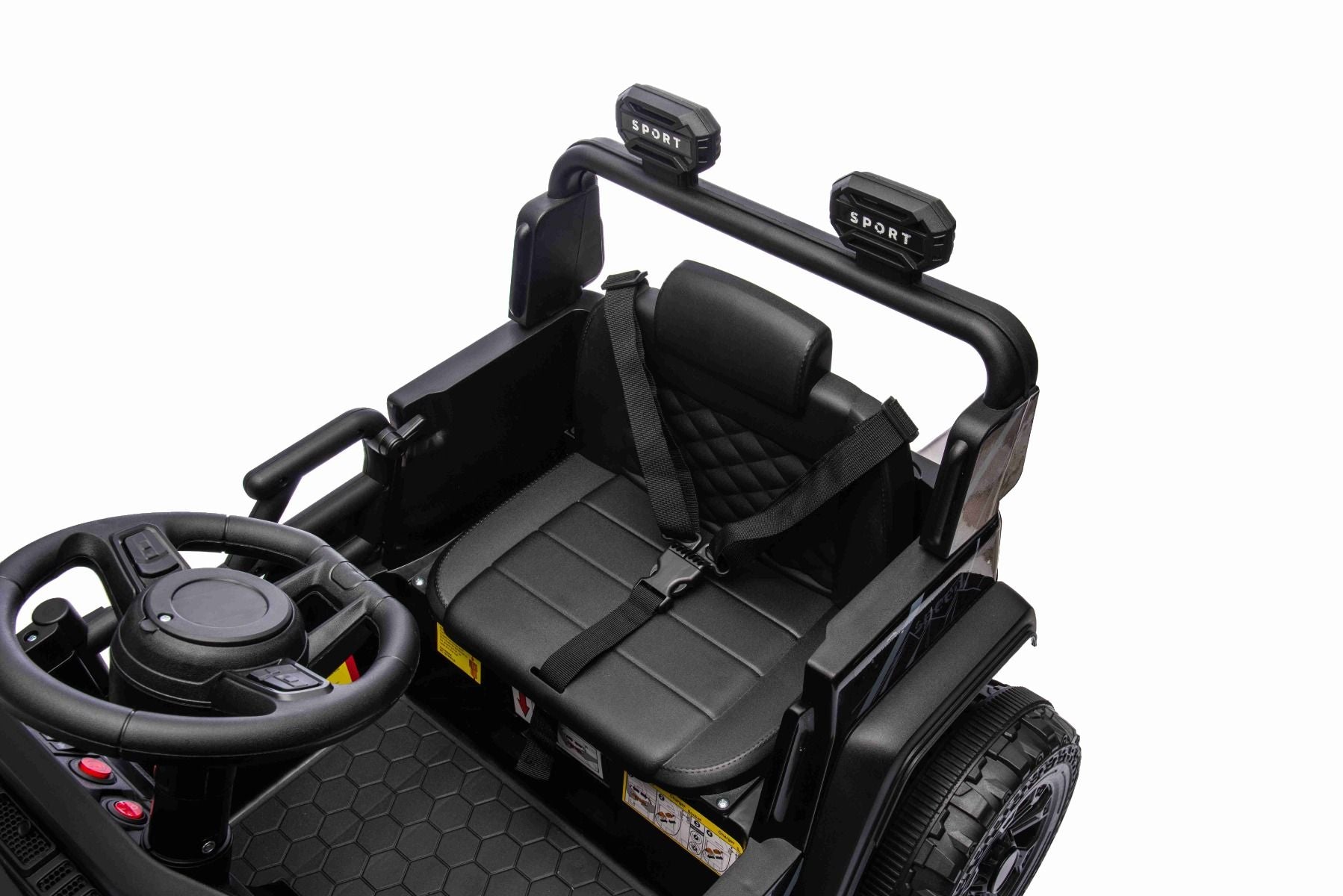 Elektroauto für Kinder OFFROAD NEW mit Hinterradantrieb, schwarz, Lithium-Batterie, hohes Fahrgestell, breiter Sitz, Hinterradfederung, 2,4-GHz-Fernbedienung, LED-Leuchten
