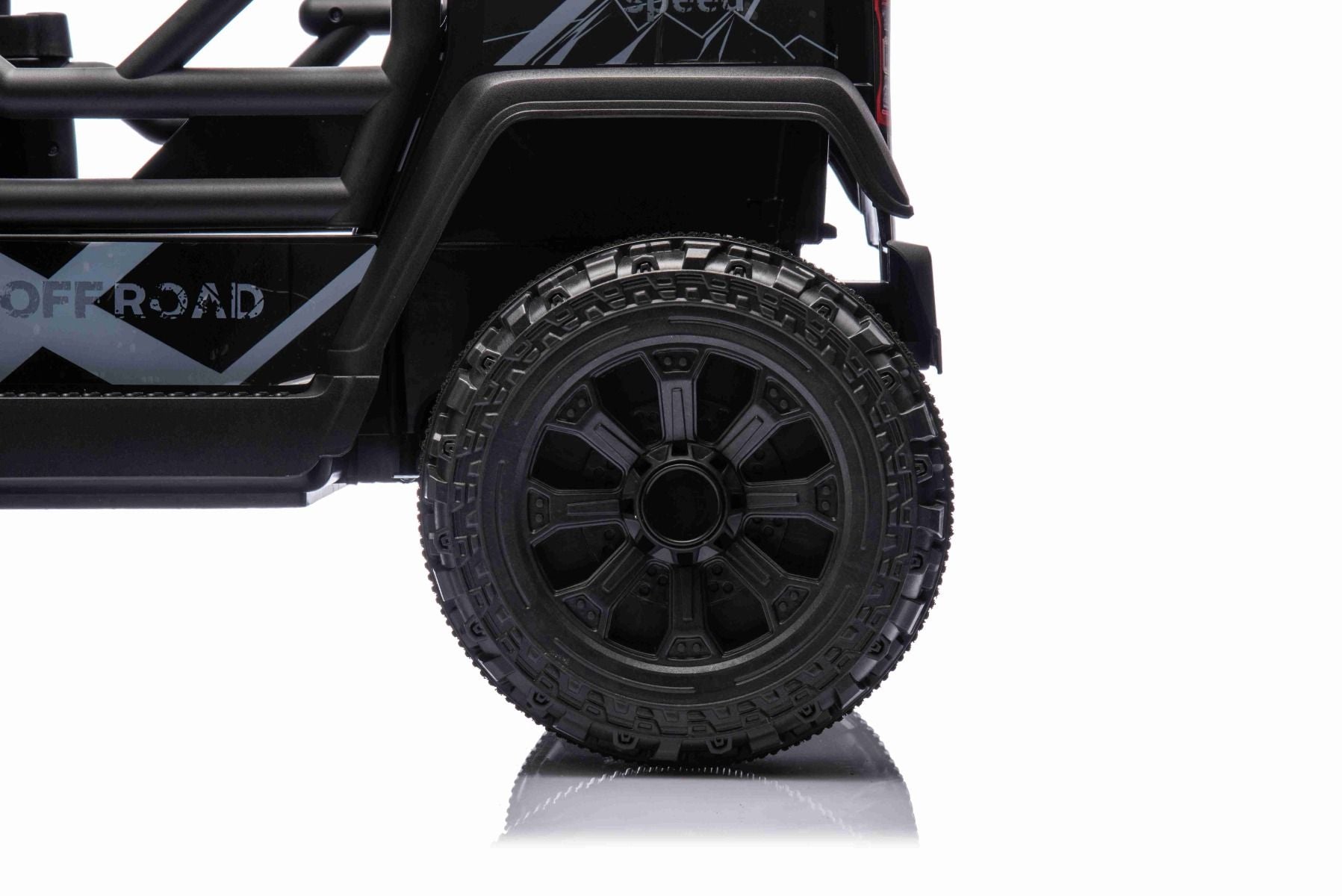 Elektroauto für Kinder OFFROAD NEW mit Hinterradantrieb, schwarz, Lithium-Batterie, hohes Fahrgestell, breiter Sitz, Hinterradfederung, 2,4-GHz-Fernbedienung, LED-Leuchten