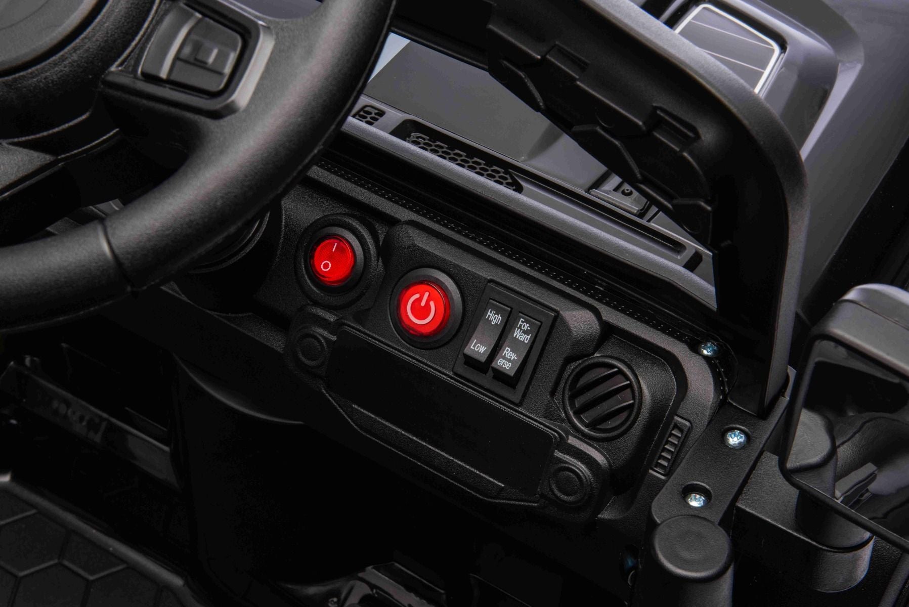 Elektroauto für Kinder OFFROAD NEW mit Hinterradantrieb, schwarz, Lithium-Batterie, hohes Fahrgestell, breiter Sitz, Hinterradfederung, 2,4-GHz-Fernbedienung, LED-Leuchten