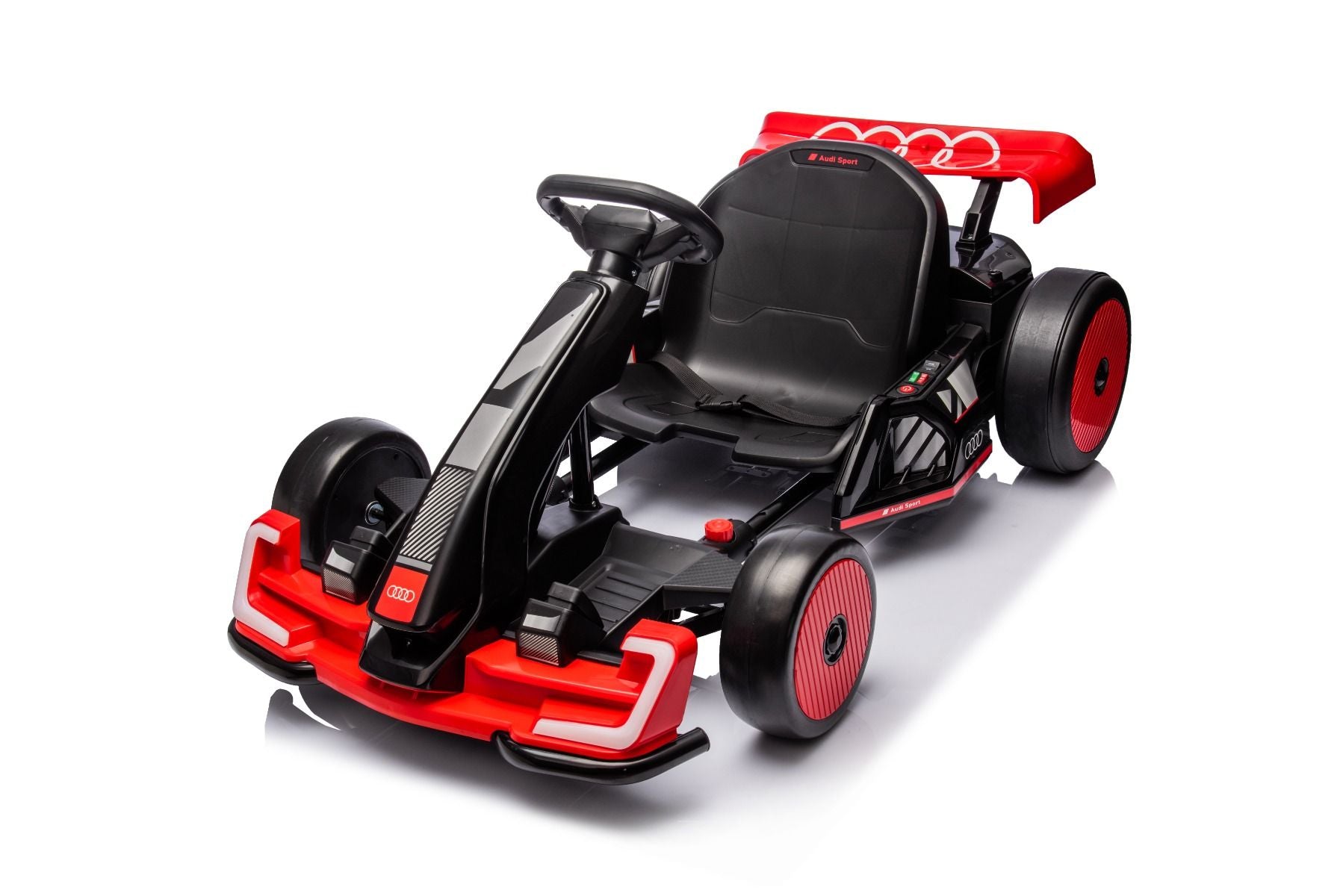 Lizenziertes Aufsitz-Driftkart AUDI 24 V, rot, LED-Beleuchtung, 2 x 150 W Motor, Driftmodus mit einer Geschwindigkeit von 12 km/h, 24 V Batterie, solide Stahlkonstruktion, verstellbarer Sitz, MP3-Player
