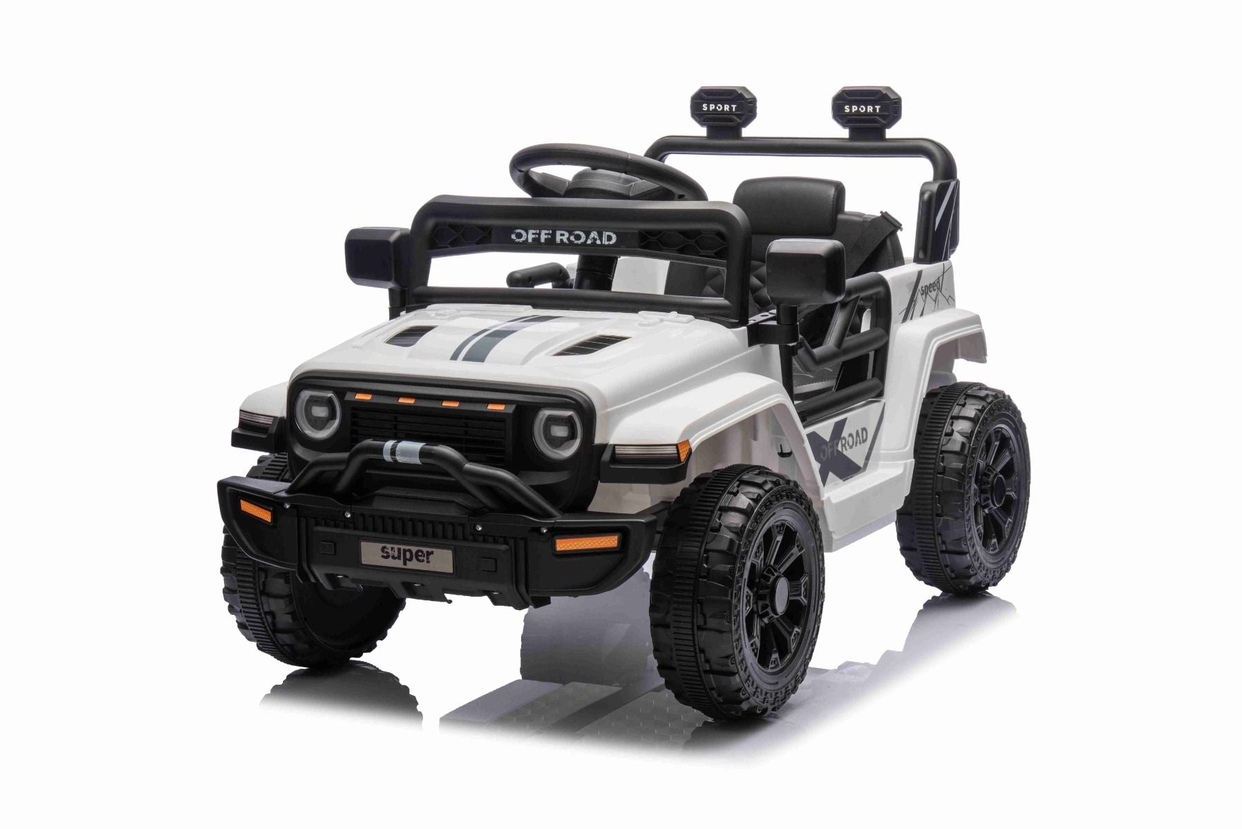 Elektroauto für Kinder OFFROAD NEW mit Hinterradantrieb, weiß, Lithium-Batterie, hohes Fahrgestell, breiter Sitz, Hinterradfederung, 2,4-GHz-Fernbedienung, LED-Leuchten