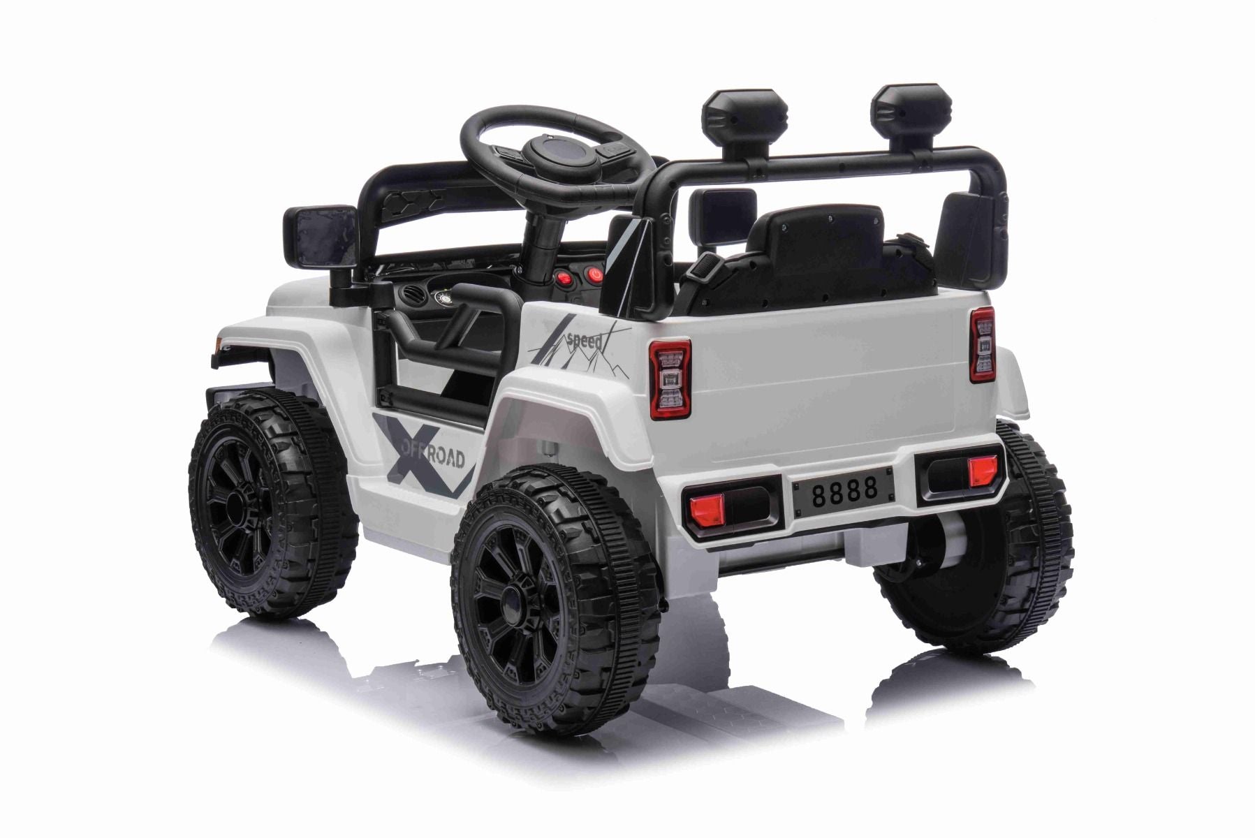 Elektroauto für Kinder OFFROAD NEW mit Hinterradantrieb, weiß, Lithium-Batterie, hohes Fahrgestell, breiter Sitz, Hinterradfederung, 2,4-GHz-Fernbedienung, LED-Leuchten
