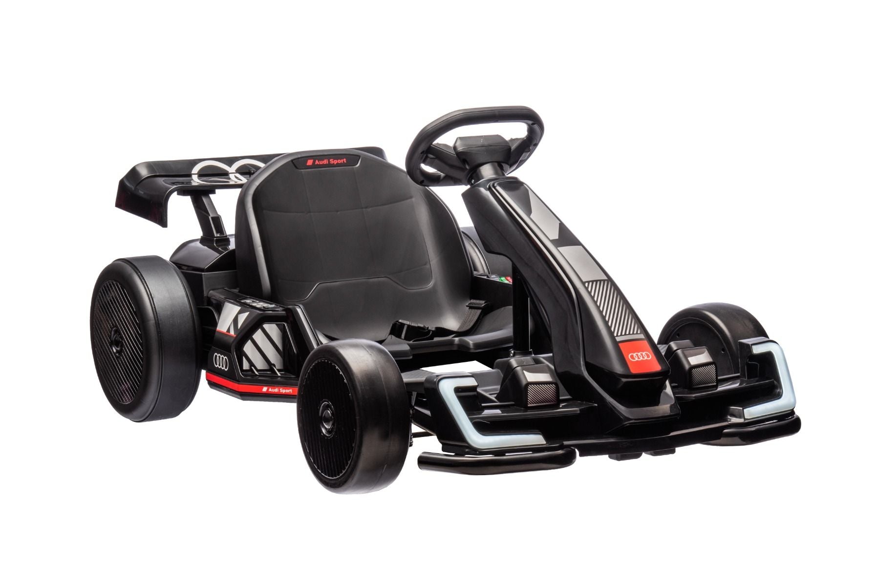 Lizenziertes Aufsitz-Driftkart AUDI 24 V, schwarz, LED-Beleuchtung, 2 x 150 W Motor, Driftmodus mit einer Geschwindigkeit von 12 km/h, 24 V Batterie, solide Stahlkonstruktion, verstellbarer Sitz, MP3-Player