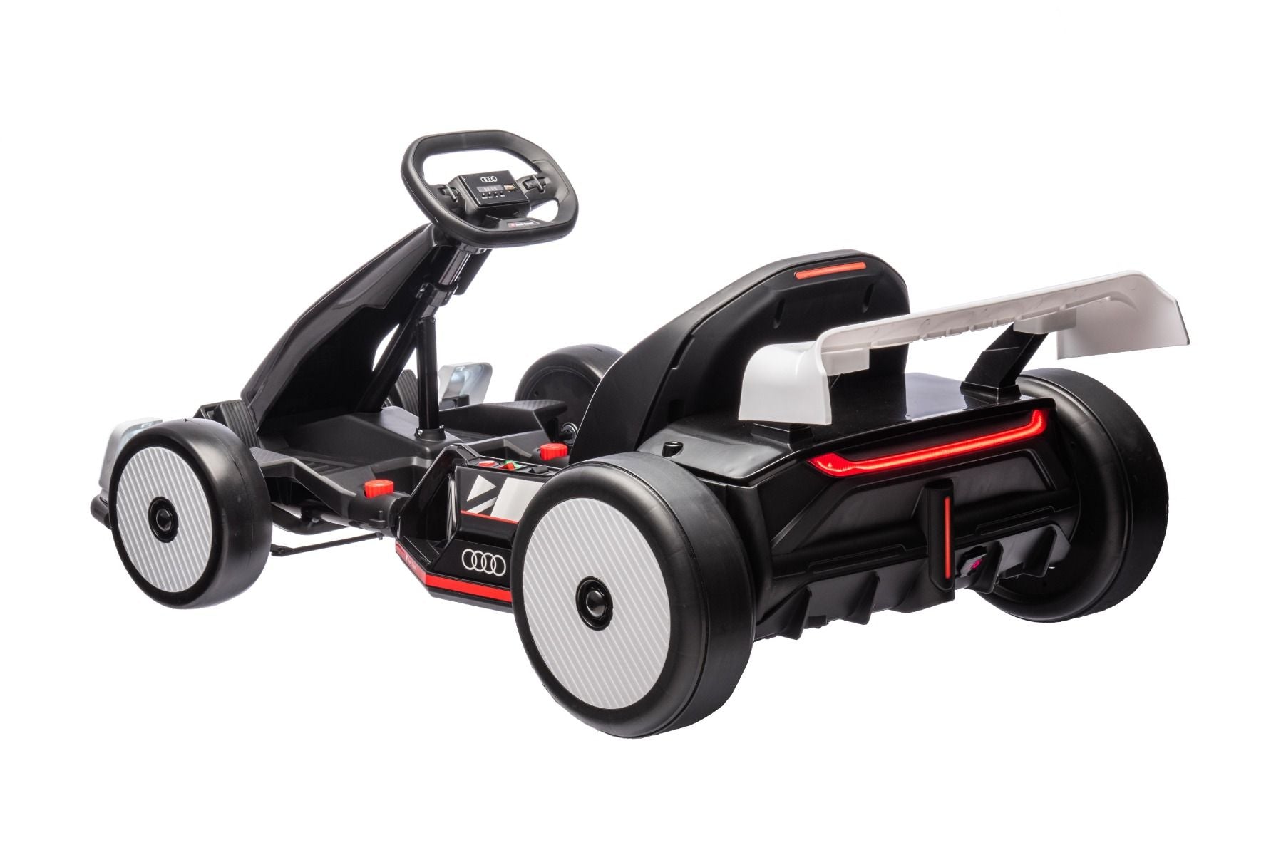 Lizenziertes Aufsitz-Driftkart AUDI 24 V, weiß, LED-Beleuchtung, 2 x 150 W Motor, Driftmodus mit einer Geschwindigkeit von 12 km/h, 24 V Batterie, solide Stahlkonstruktion, verstellbarer Sitz, MP3-Player