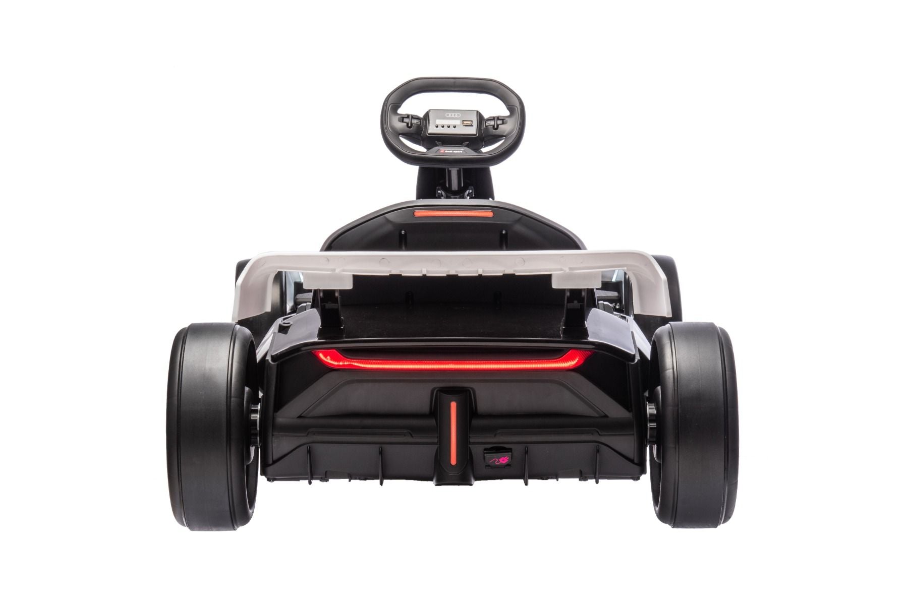 Lizenziertes Aufsitz-Driftkart AUDI 24 V, weiß, LED-Beleuchtung, 2 x 150 W Motor, Driftmodus mit einer Geschwindigkeit von 12 km/h, 24 V Batterie, solide Stahlkonstruktion, verstellbarer Sitz, MP3-Player