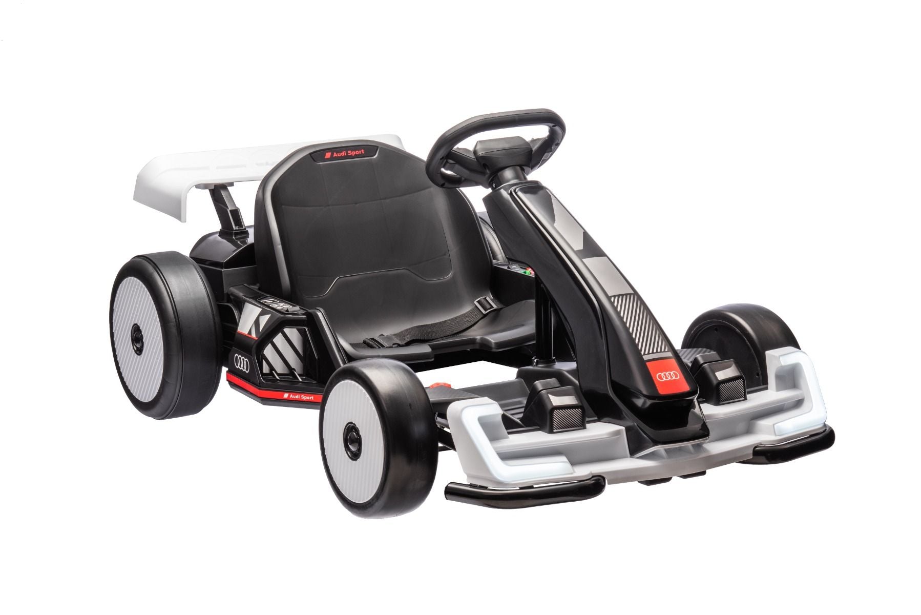 Lizenziertes Aufsitz-Driftkart AUDI 24 V, weiß, LED-Beleuchtung, 2 x 150 W Motor, Driftmodus mit einer Geschwindigkeit von 12 km/h, 24 V Batterie, solide Stahlkonstruktion, verstellbarer Sitz, MP3-Player
