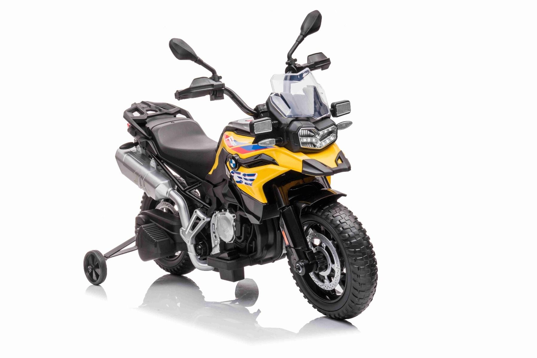 Elektromotorrad BMW F850 GS, Lizenziert, 12-V-Batterie, weiche EVA-Räder, 2 x 35-W-Motoren, LED-Leuchten, Hilfsräder, MP3-Player mit USB/Aux-Eingang, Gelb