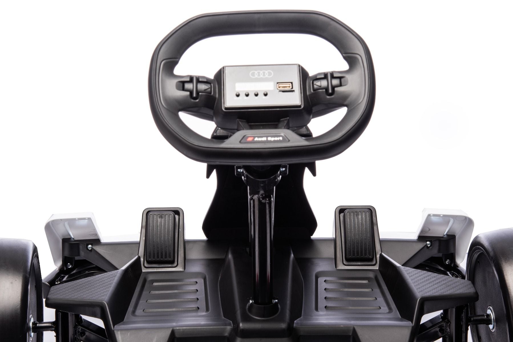 Lizenziertes Aufsitz-Driftkart AUDI 24 V, weiß, LED-Beleuchtung, 2 x 150 W Motor, Driftmodus mit einer Geschwindigkeit von 12 km/h, 24 V Batterie, solide Stahlkonstruktion, verstellbarer Sitz, MP3-Player