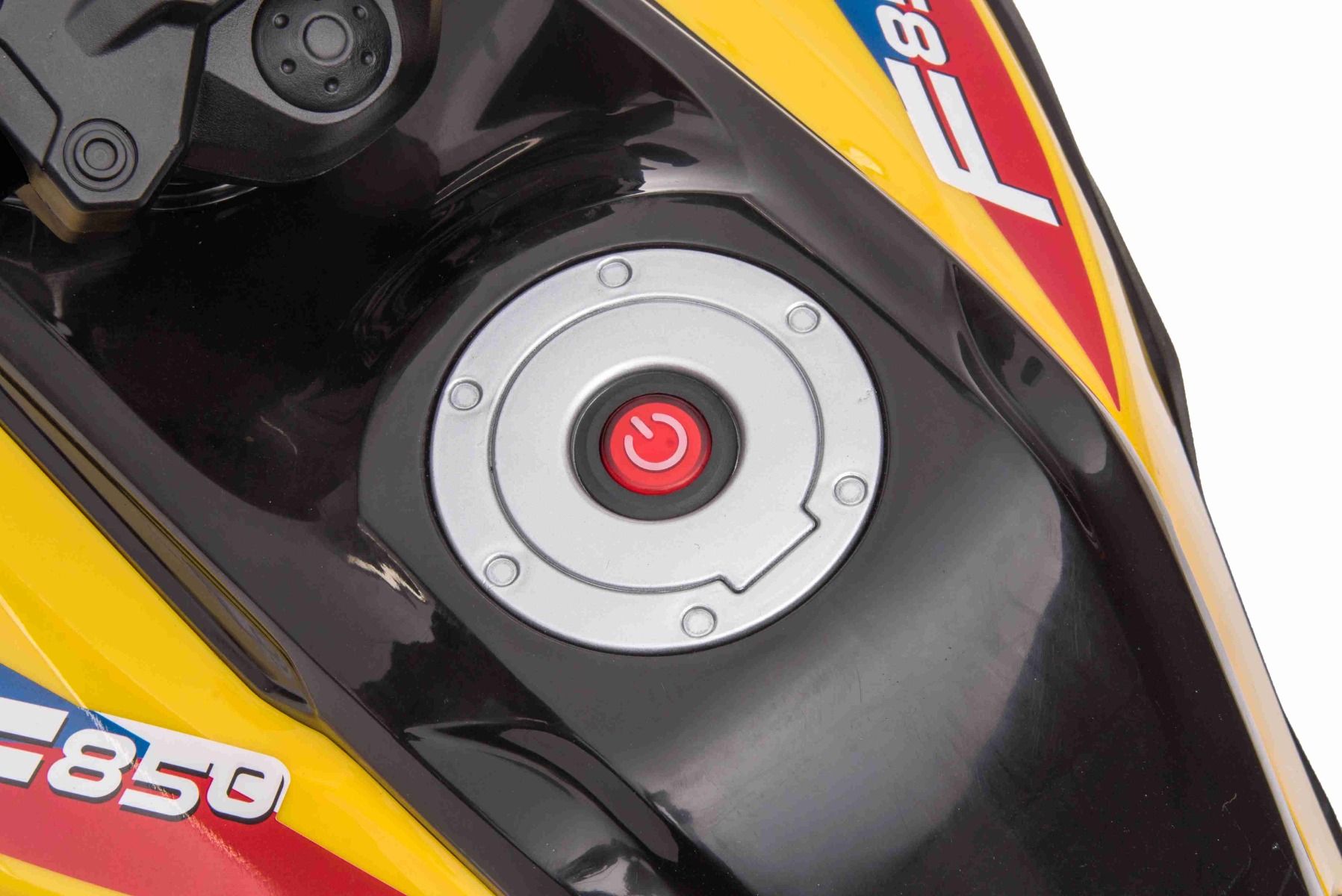 Elektromotorrad BMW F850 GS, Lizenziert, 12-V-Batterie, weiche EVA-Räder, 2 x 35-W-Motoren, LED-Leuchten, Hilfsräder, MP3-Player mit USB/Aux-Eingang, Gelb