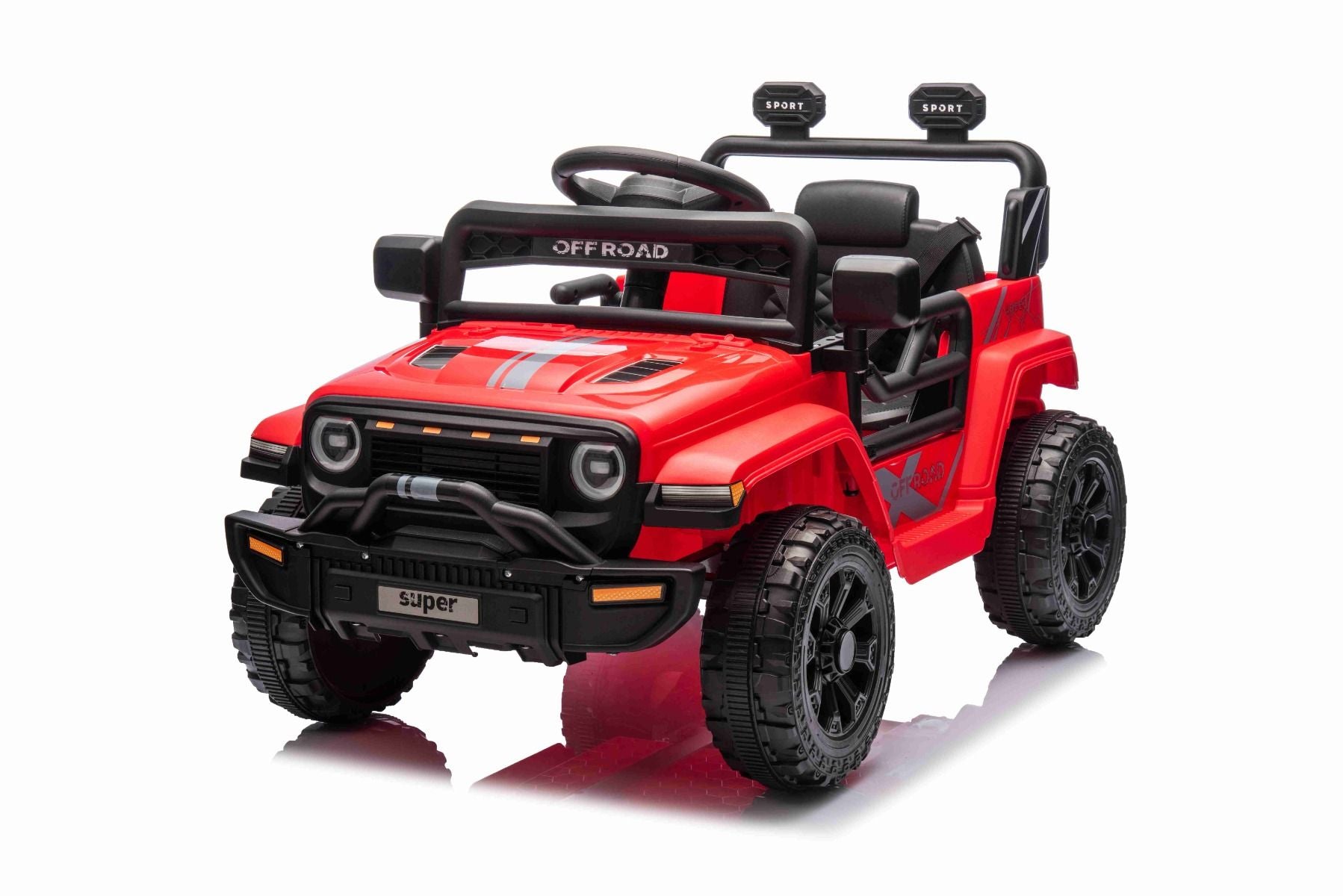 Elektroauto für Kinder OFFROAD NEW mit Hinterradantrieb, rot, Lithium-Batterie, hohes Fahrgestell, breiter Sitz, Hinterradfederung, 2,4-GHz-Fernbedienung, LED-Leuchten