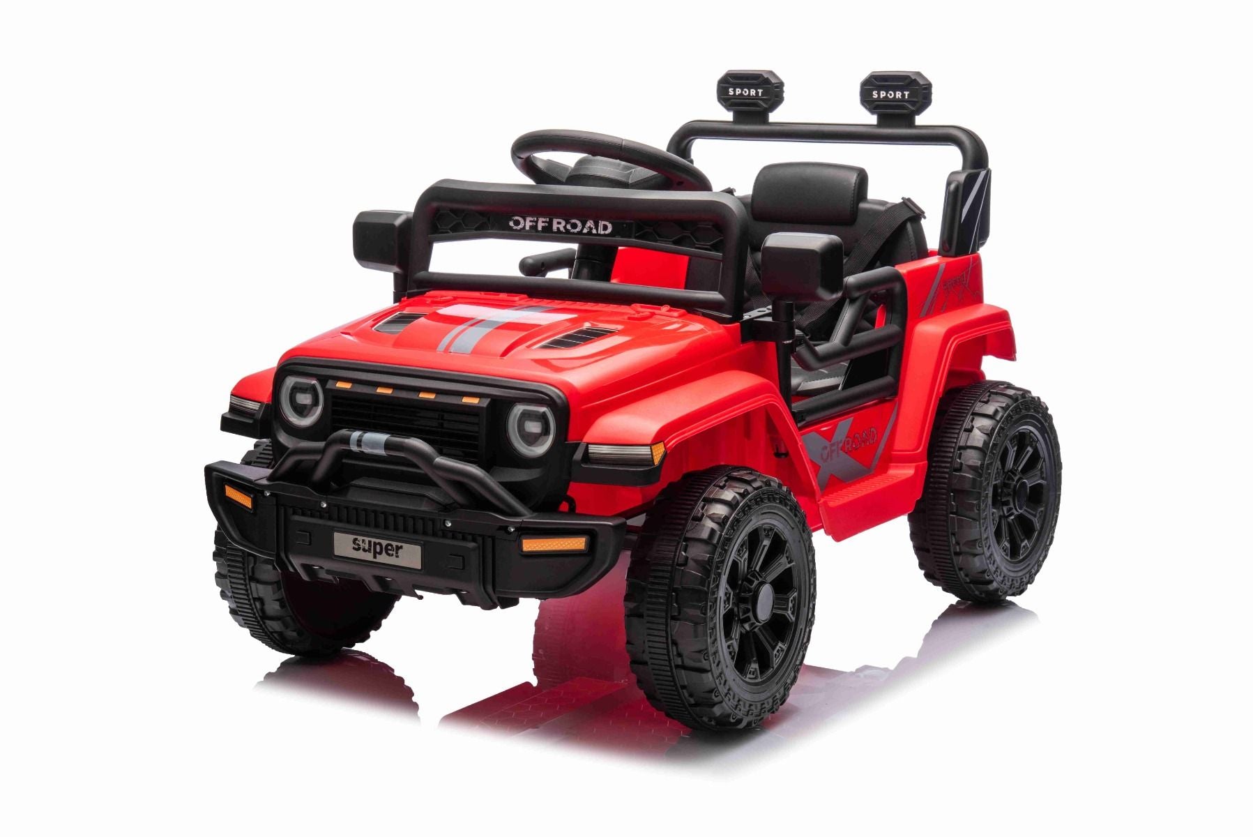 Elektroauto für Kinder OFFROAD NEW mit Hinterradantrieb, rot, Lithium-Batterie, hohes Fahrgestell, breiter Sitz, Hinterradfederung, 2,4-GHz-Fernbedienung, LED-Leuchten
