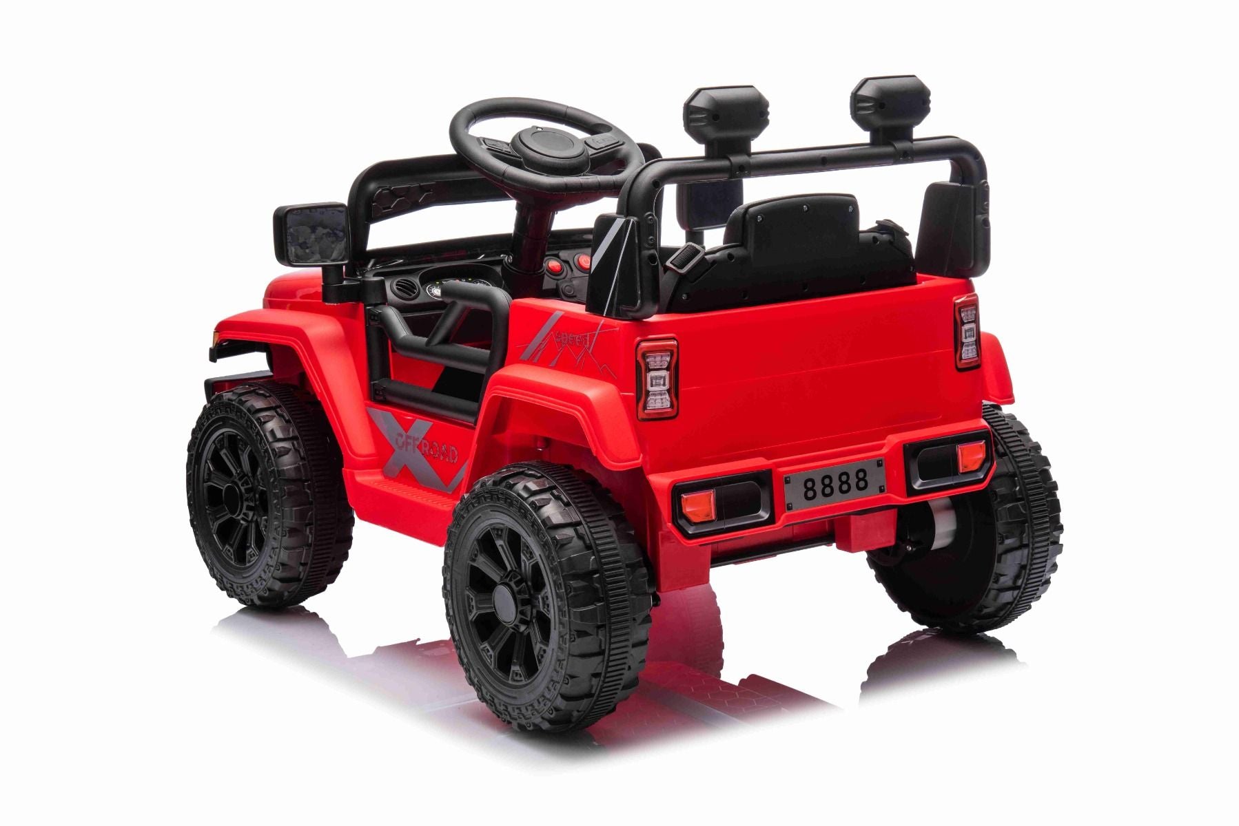 Elektroauto für Kinder OFFROAD NEW mit Hinterradantrieb, rot, Lithium-Batterie, hohes Fahrgestell, breiter Sitz, Hinterradfederung, 2,4-GHz-Fernbedienung, LED-Leuchten