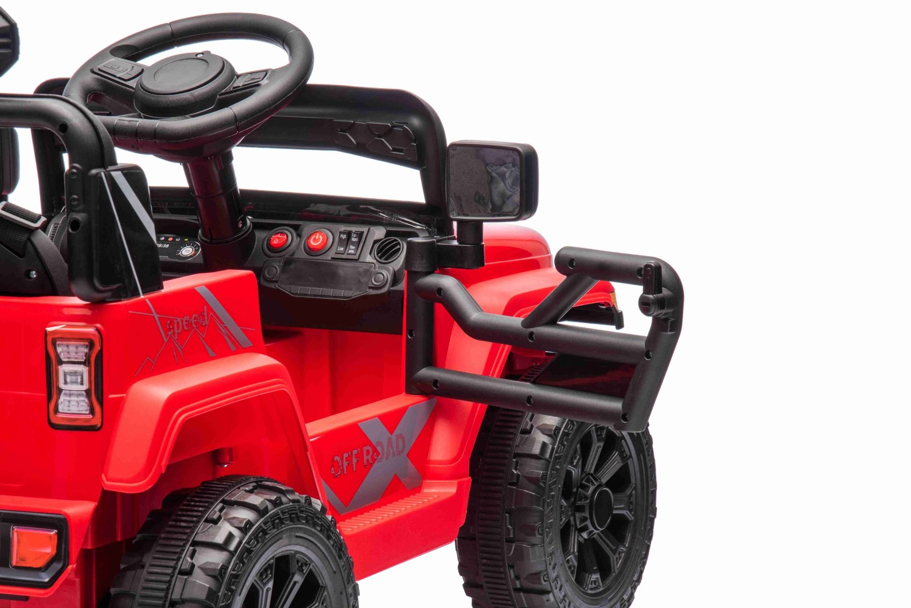 Elektroauto für Kinder OFFROAD NEW mit Hinterradantrieb, rot, Lithium-Batterie, hohes Fahrgestell, breiter Sitz, Hinterradfederung, 2,4-GHz-Fernbedienung, LED-Leuchten